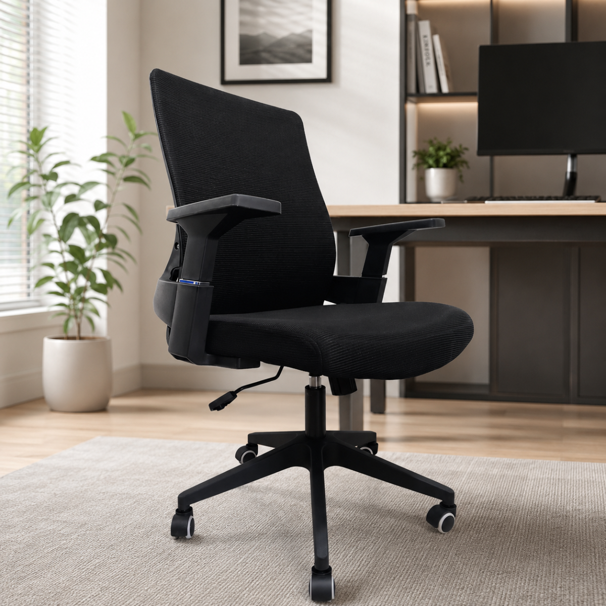 Wooden Twist Ergonomic Black Mesh Office Chair with Adjustable Armrests & Tilt Function