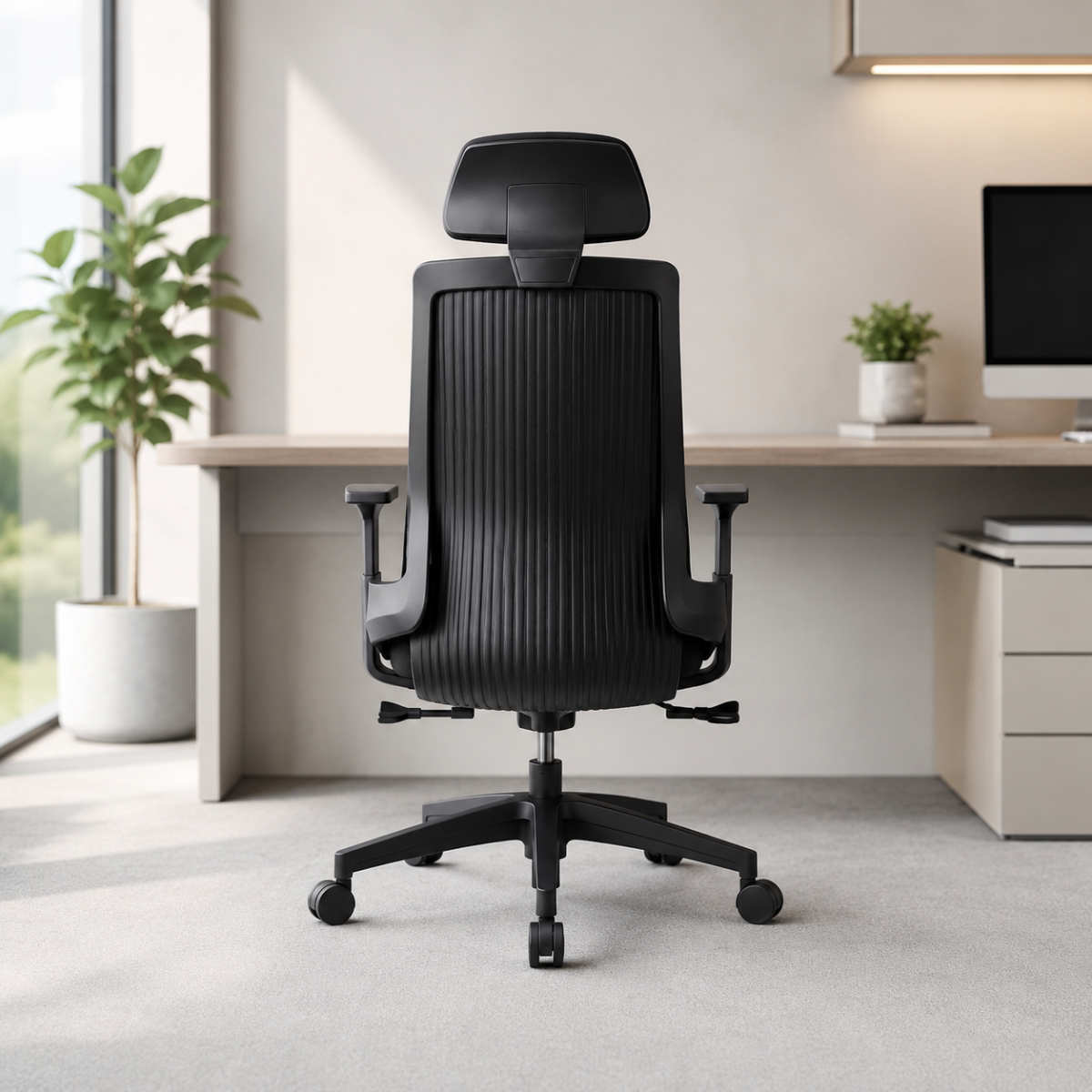 Wooden Twist Ergonomic High-Back Office Chair with Adjustable Headrest, Armrests, Wide Padded Seat & 360° Swivel Wheels (Black)