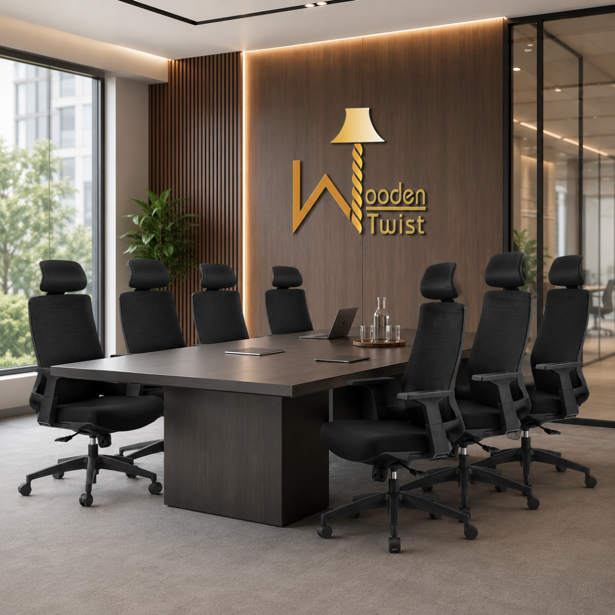 Wooden Twist ergonomic office chairs around a boardroom conference table