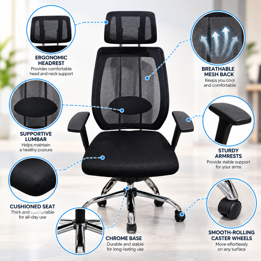 Wooden Twist Ventra High Back Mesh Office Chair Black – Key Features