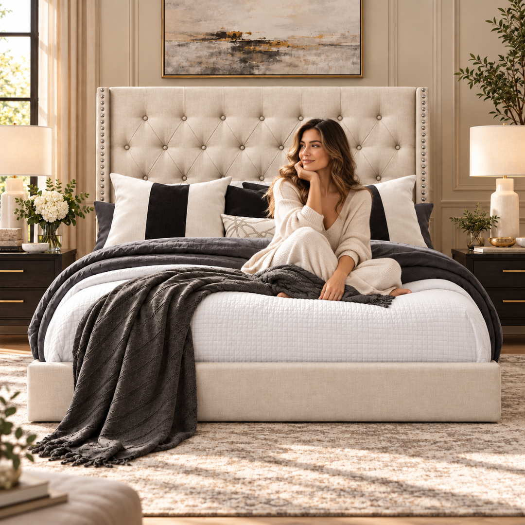 Wooden Twist Glory Wingback Button Tufted Bed Beige – Lifestyle with Model