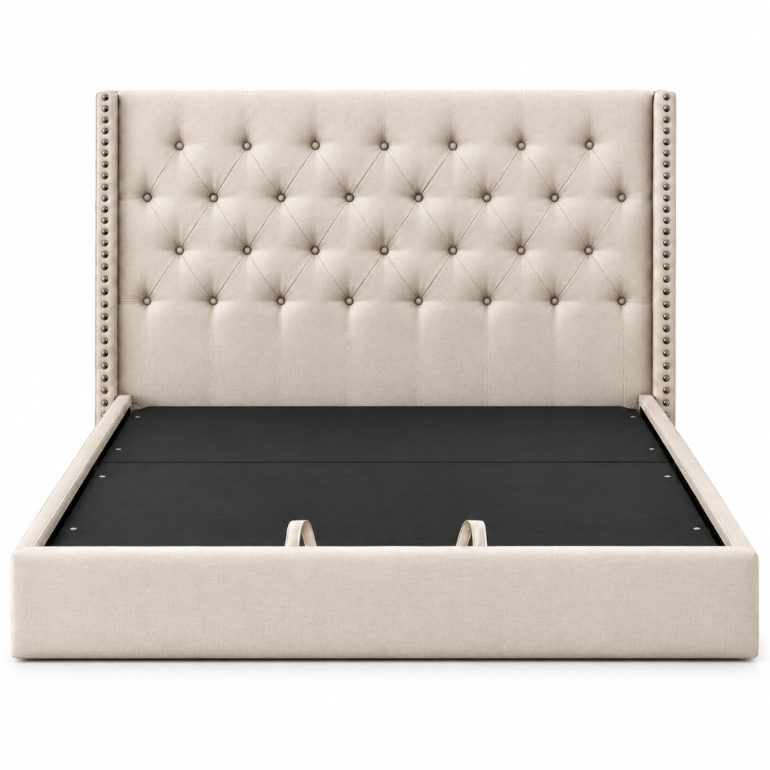 Wooden Twist Glory Wingback Button Tufted Bed Beige – Bed Frame Front View