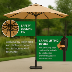 مظلة خارجية دائرية خشبية ملتوية بشريط فيلكرو مع مقبض دوار مقاومة للأشعة فوق البنفسجية للفناء والحديقة وخدمة صف السيارات