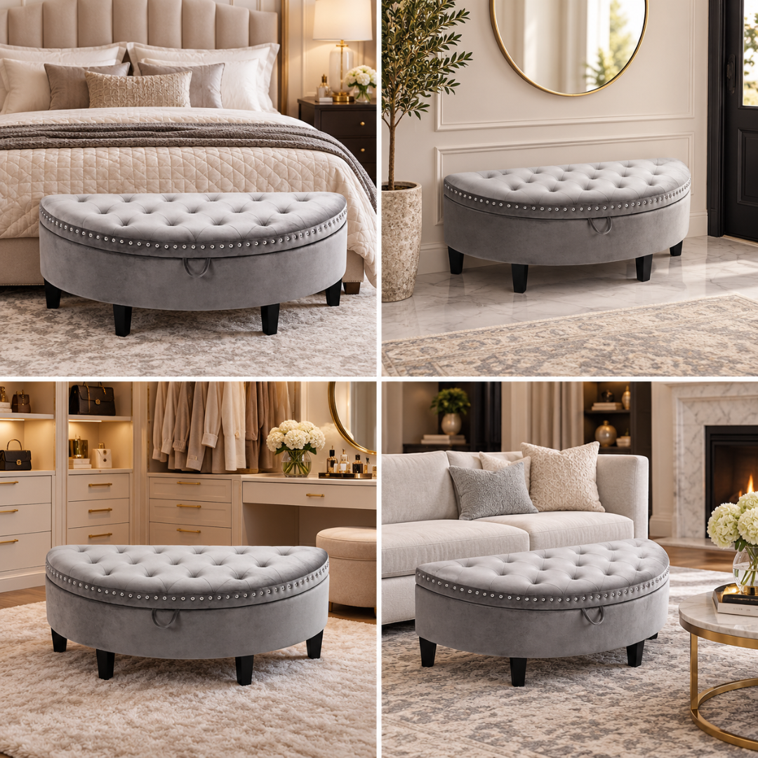 Wooden Twist Half Moon Leather Tufted Storage Bench Grey – styled in bedroom, hallway, dressing area and lounge