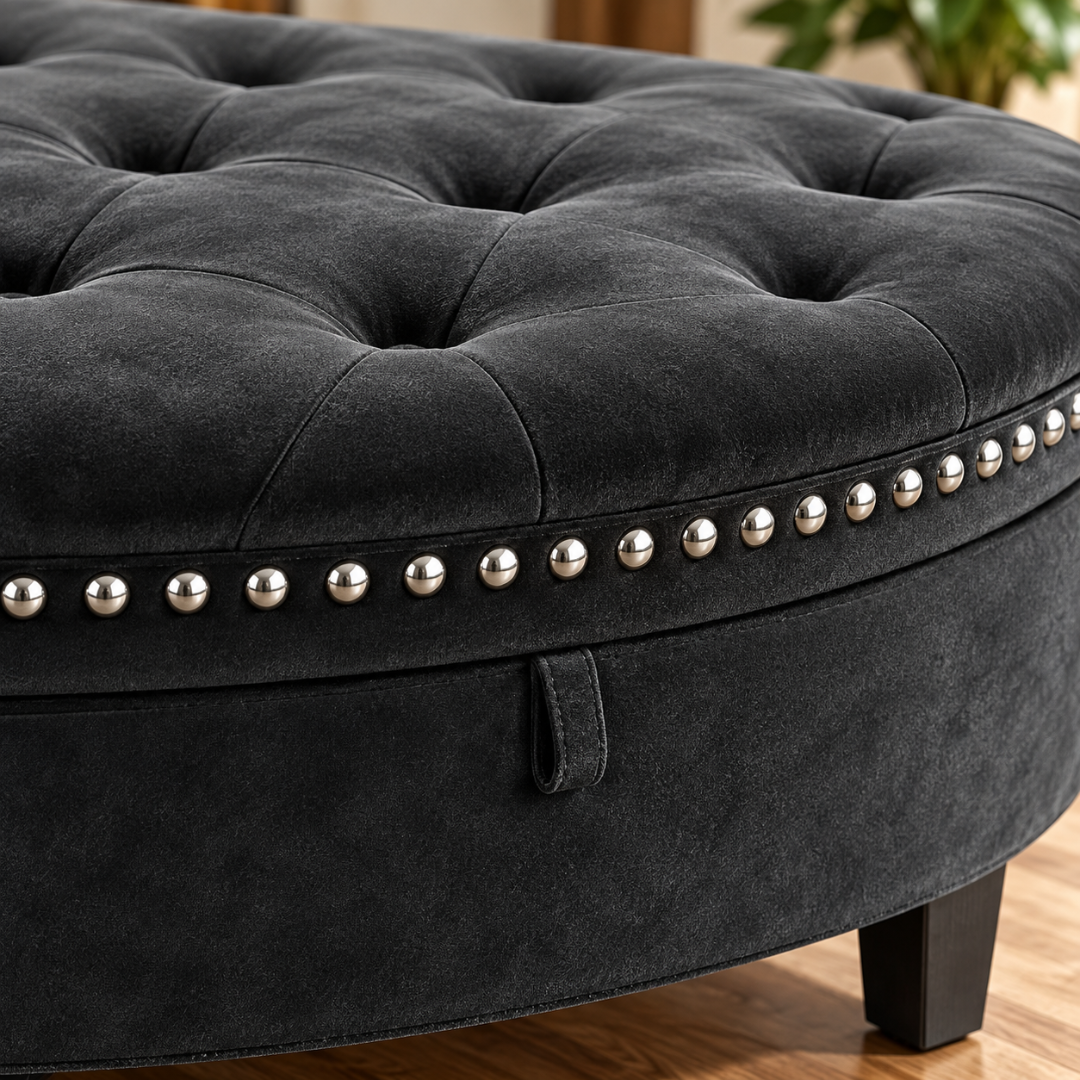 Wooden Twist Half Moon Leather Tufted Storage Bench Black – close-up of tufting, nailhead trim and wooden leg