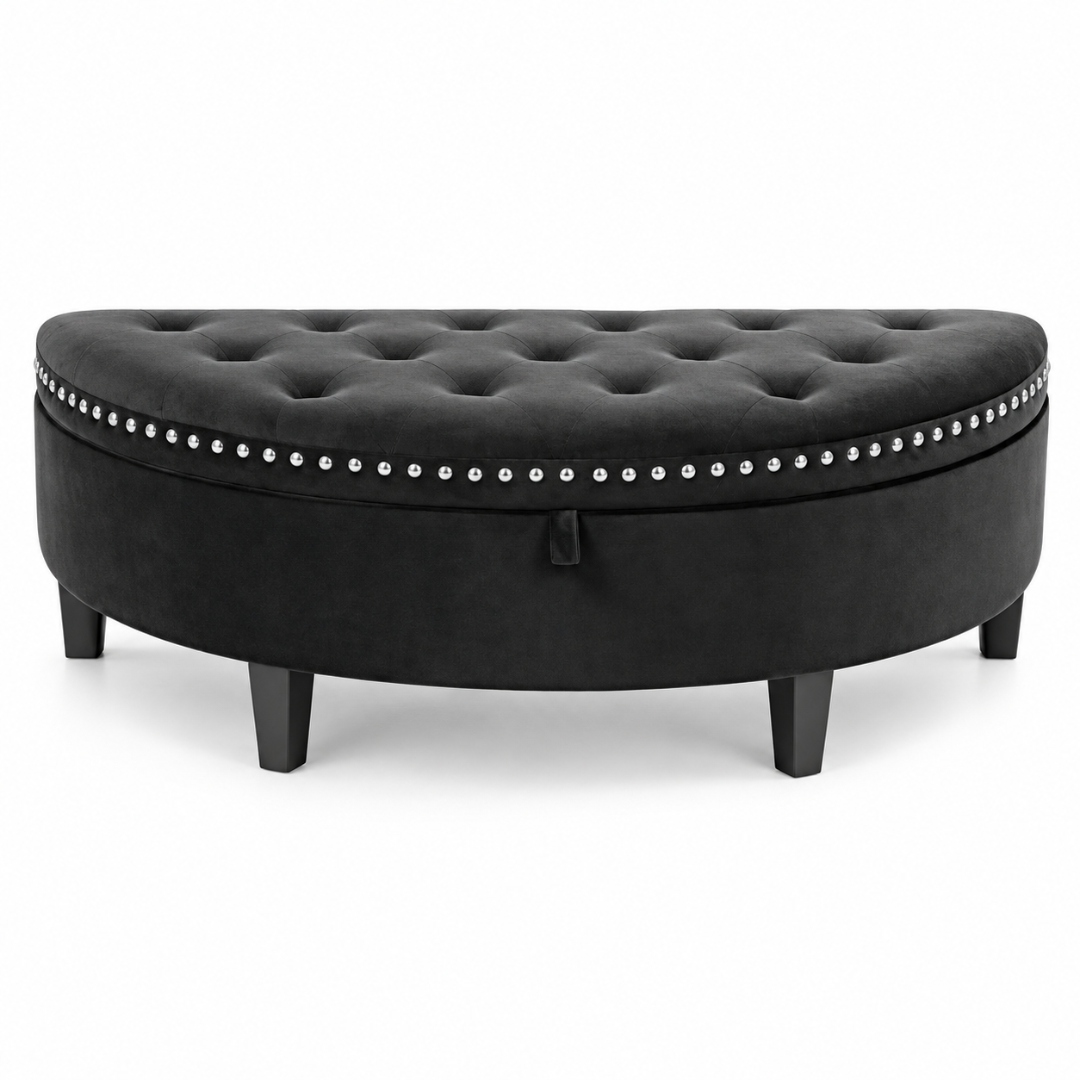Wooden Twist Half Moon Leather Tufted Storage Bench Black – studio view of curved front with nailhead trim