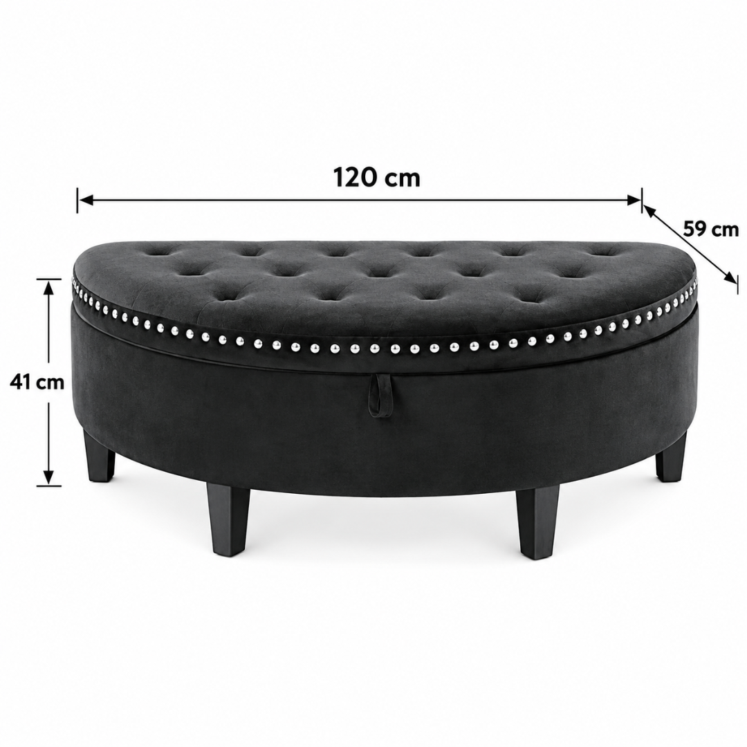 Wooden Twist Half Moon Leather Tufted Storage Bench Black – dimensions 120 cm W x 59 cm D x 41 cm H