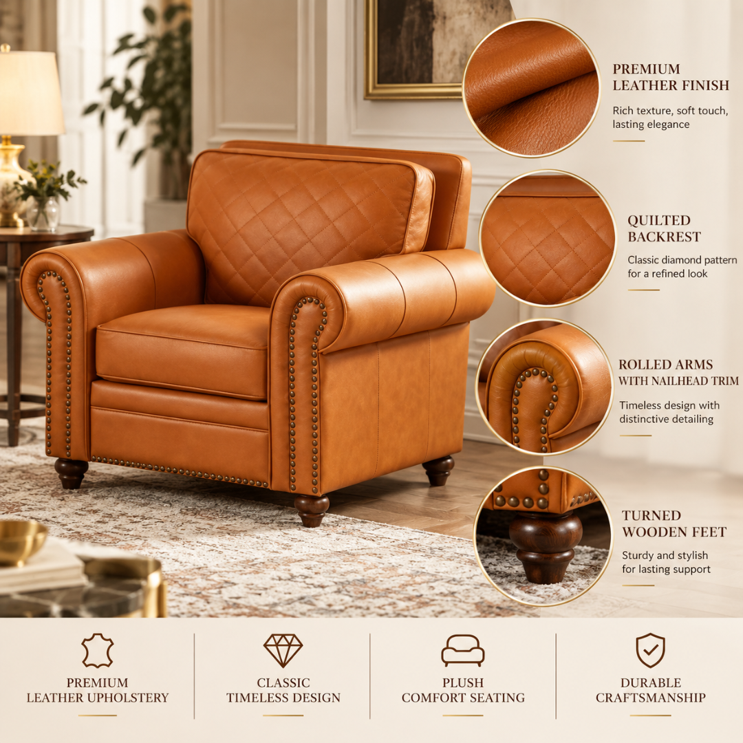 Wooden Twist Grace Quilted Brown Armchair – Features: Leather-Look Finish, Quilted Backrest, Rolled Arms, Turned Wooden Feet