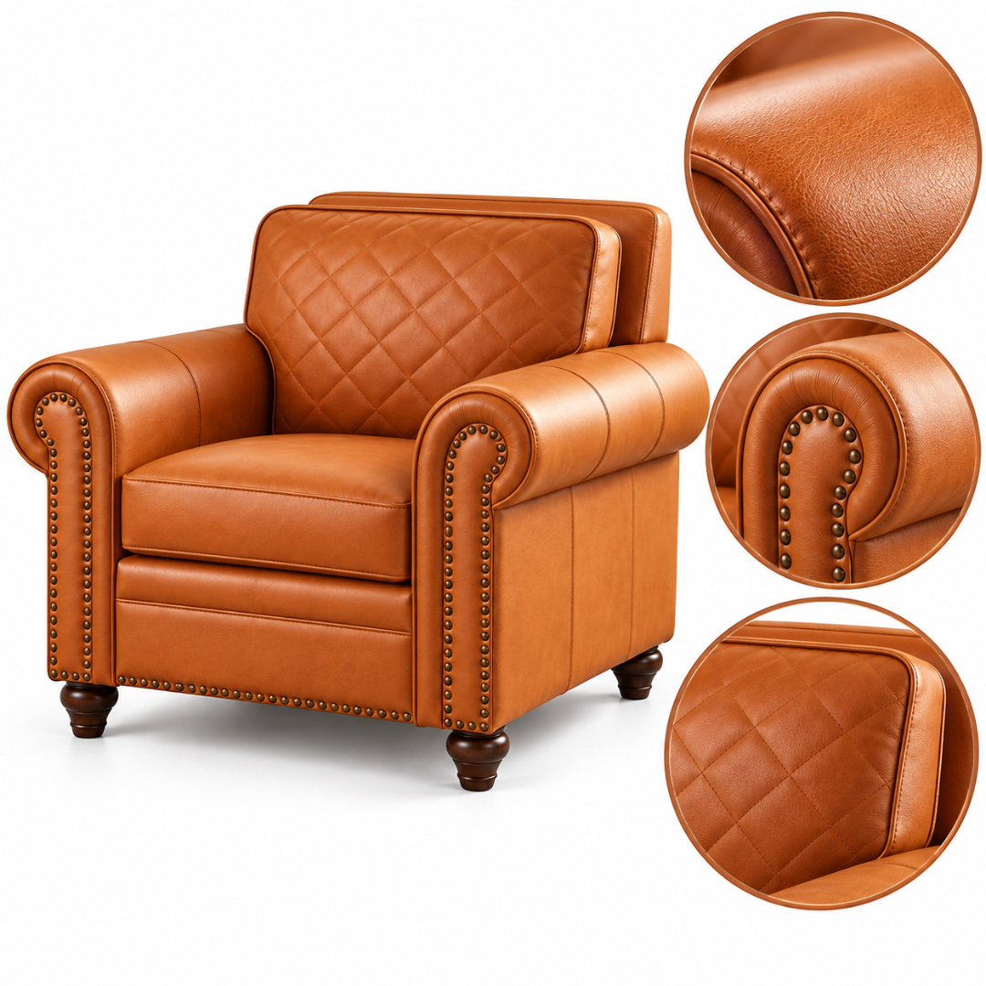 Wooden Twist Grace Quilted Brown Armchair – Leather, Nailhead Arm and Quilting Close-Ups