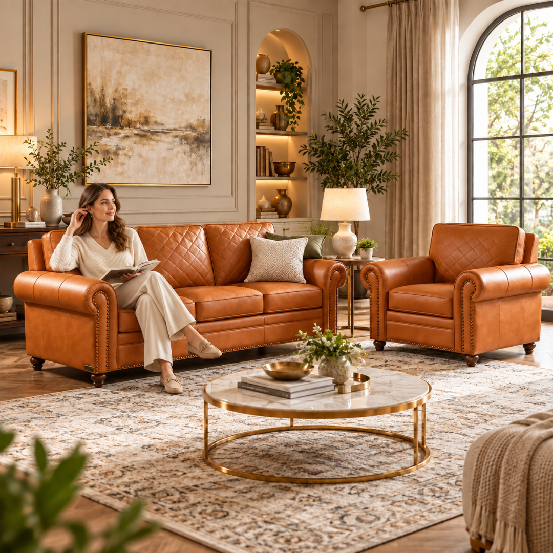 Wooden Twist Grace Quilted Brown Sofa Set 3+1 – Woman Relaxing in Living Room