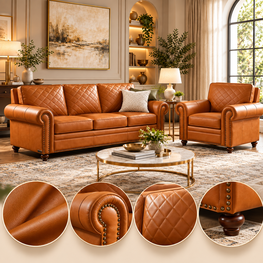 Wooden Twist Grace Quilted Brown Sofa Set 3+1 – Living Room with Detail Close-Ups