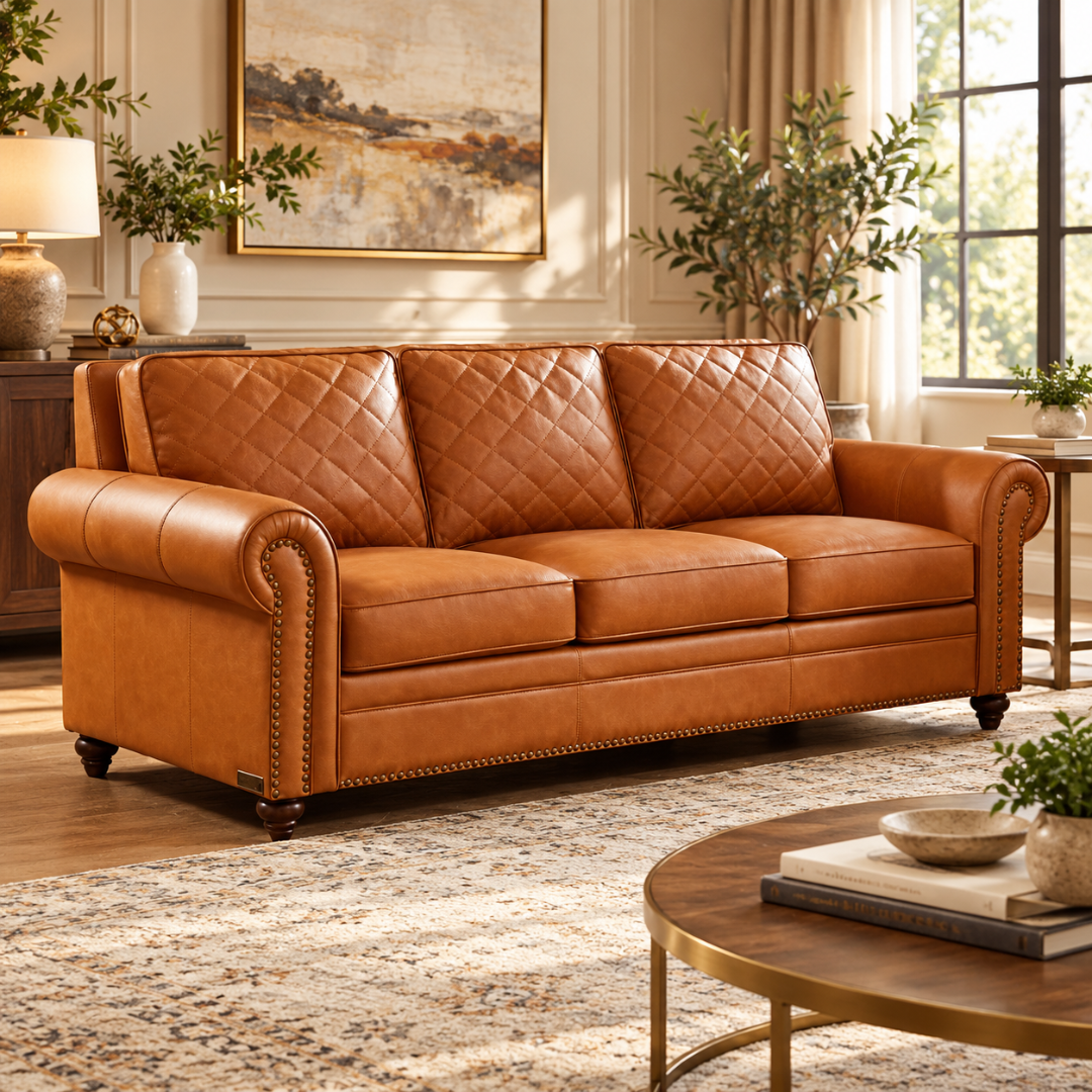 Wooden Twist Grace Quilted Brown 3 Seater Sofa – Living Room Setting