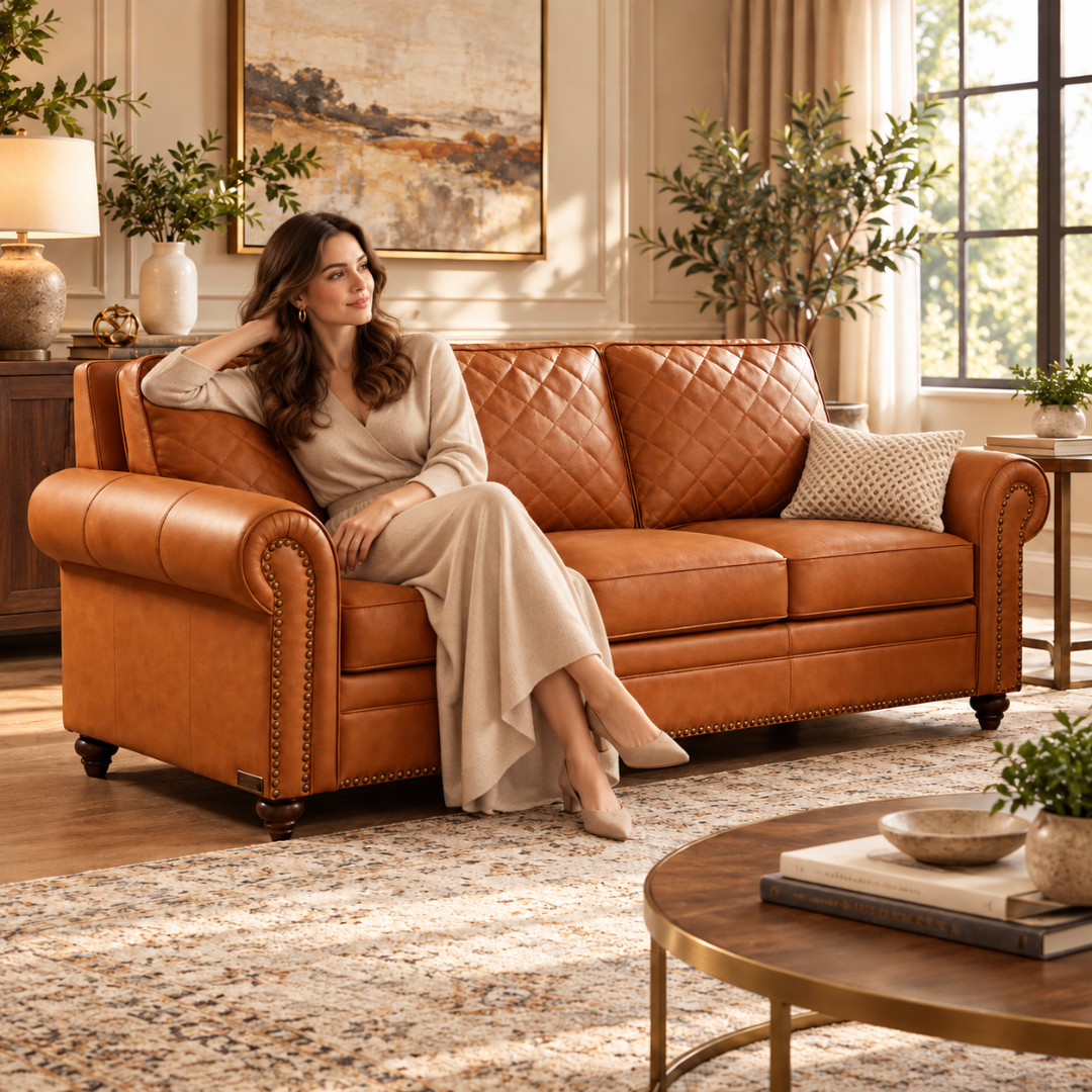 Wooden Twist Grace Quilted Brown 3 Seater Sofa – Woman Seated on Sofa
