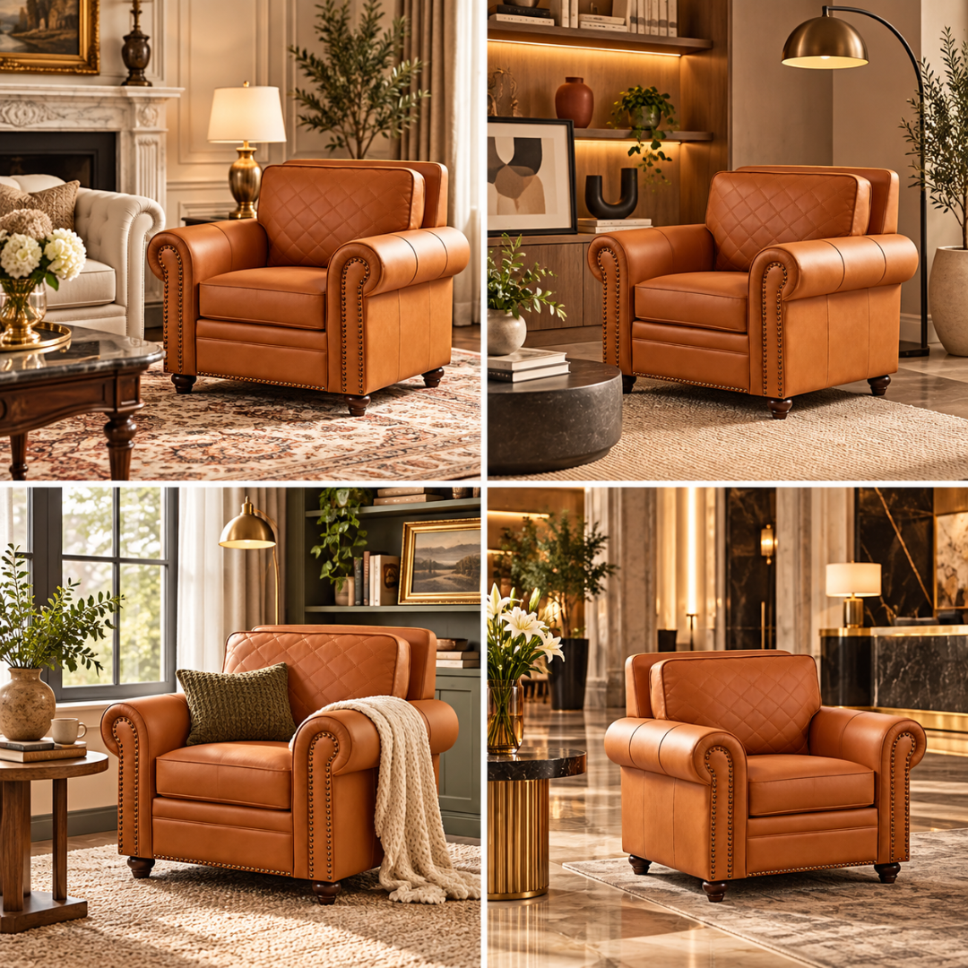 Wooden Twist Grace Quilted Brown Armchair – Room Setting Collage