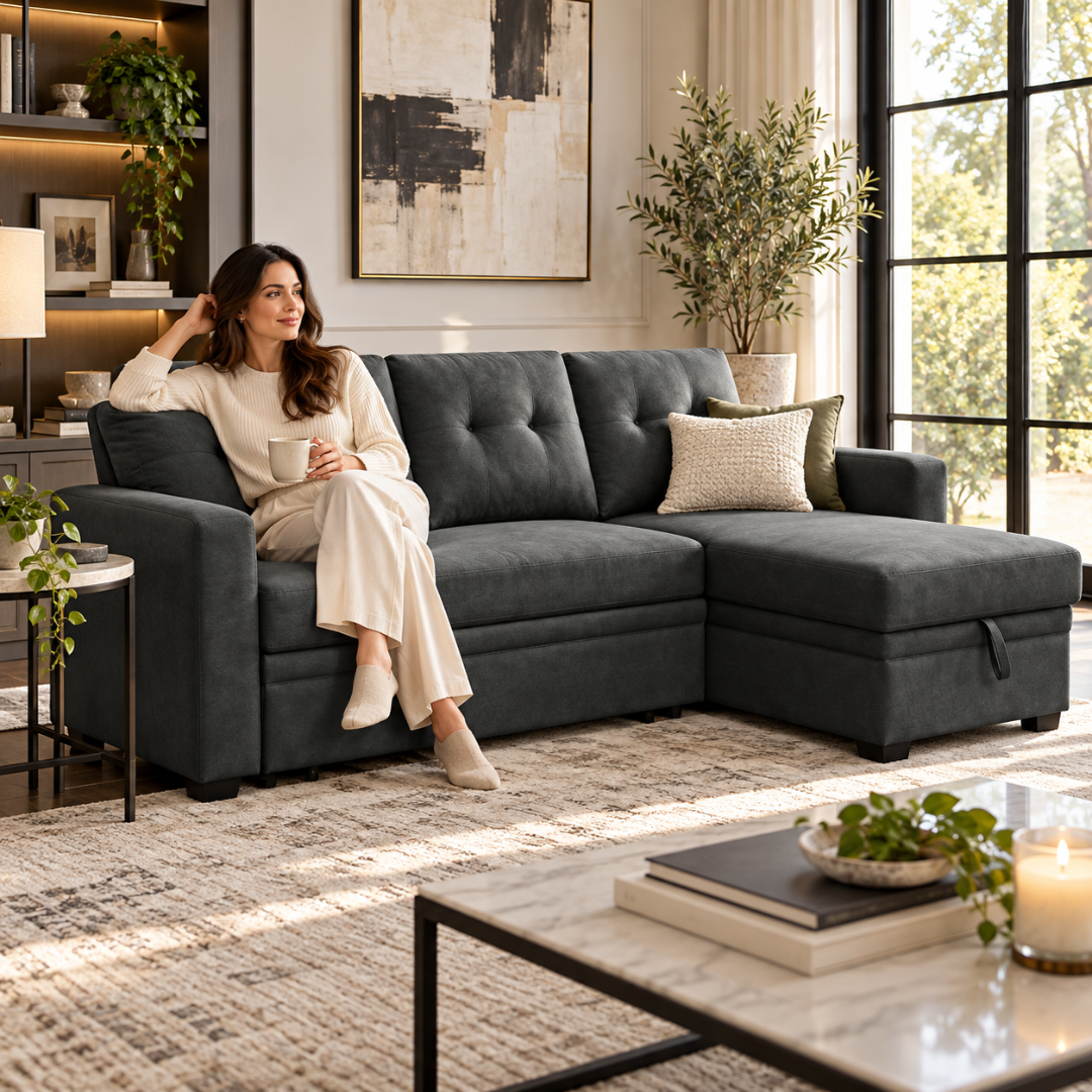 Wooden Twist L-Shape Sleeper Sofa Cum Bed with Storage Chaise Dark Gray – Woman Relaxing on Sofa
