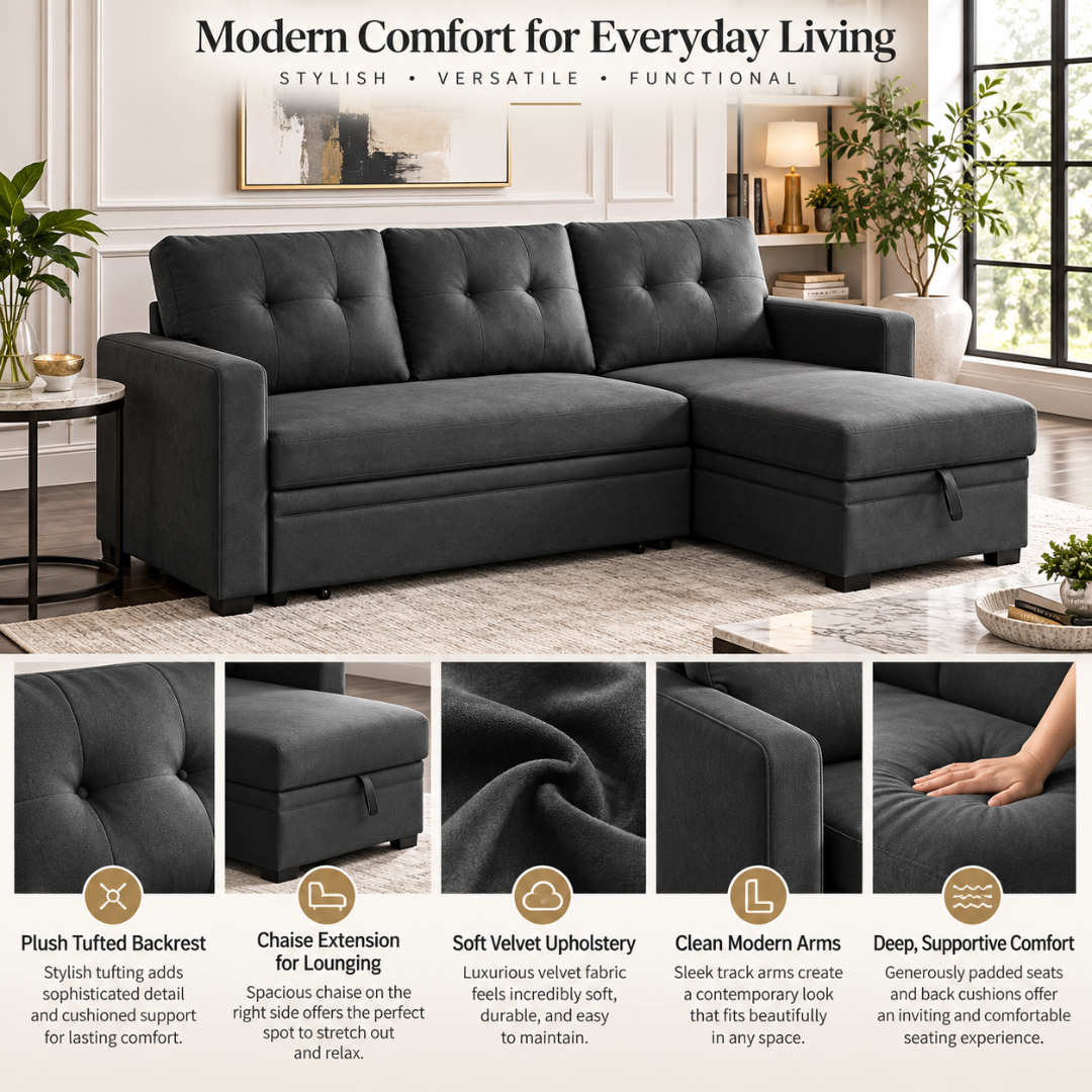 Wooden Twist L-Shape Sleeper Sofa Cum Bed with Storage Chaise Dark Gray – Modern Comfort Features Infographic