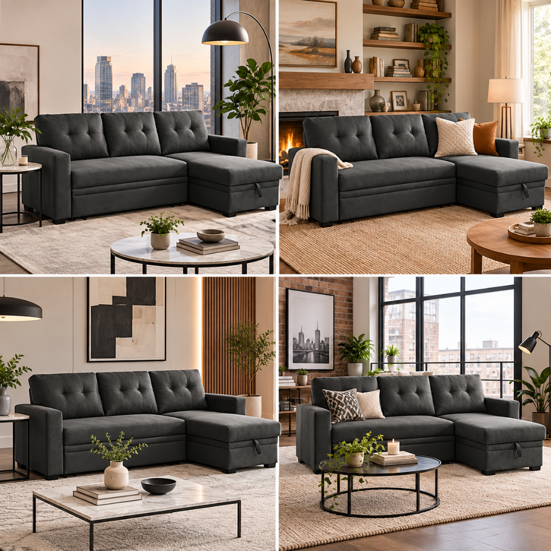 Wooden Twist L-Shape Sleeper Sofa Cum Bed with Storage Chaise Dark Gray – Room Setting Collage