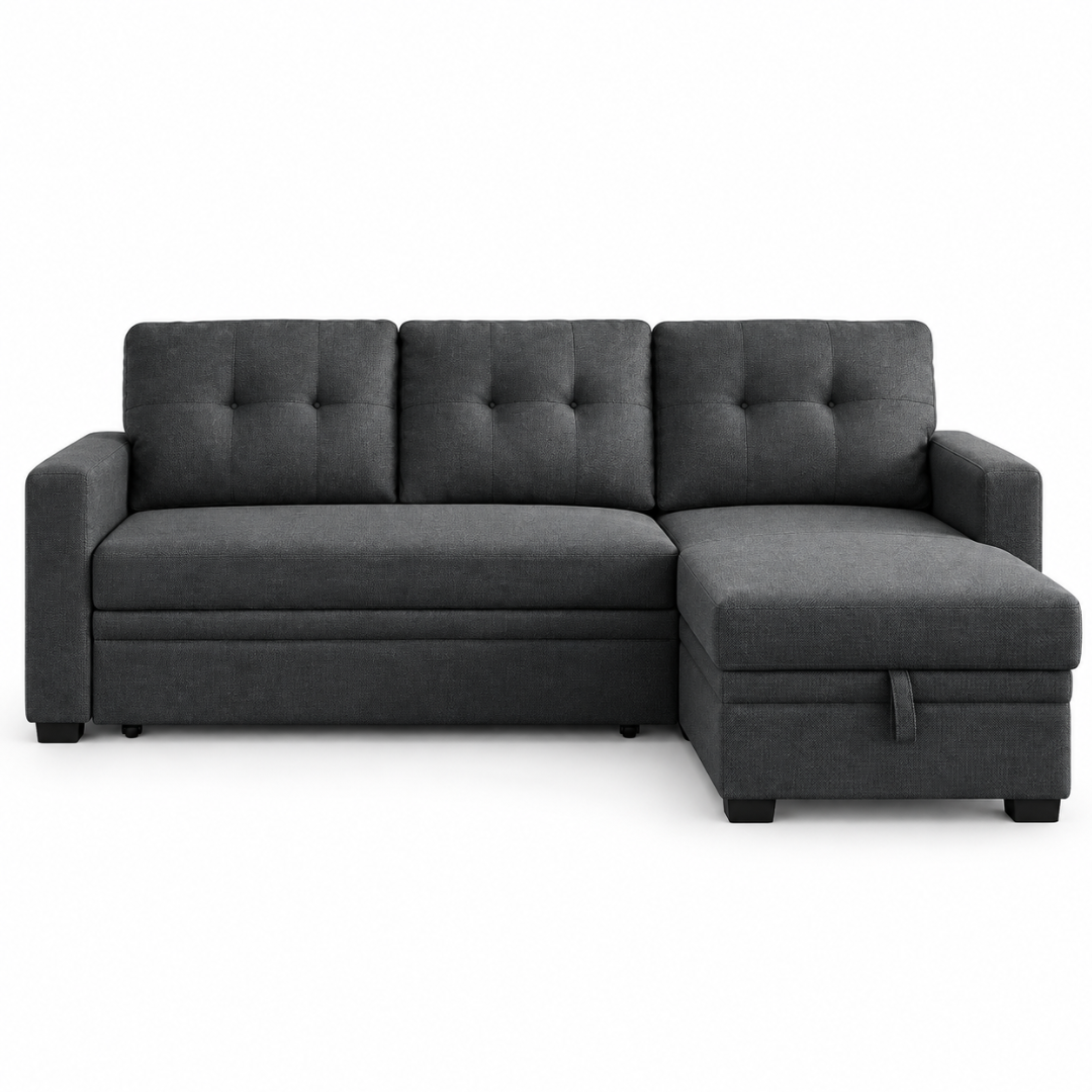 Wooden Twist L-Shape Sleeper Sofa Cum Bed with Storage Chaise Dark Gray – Front View