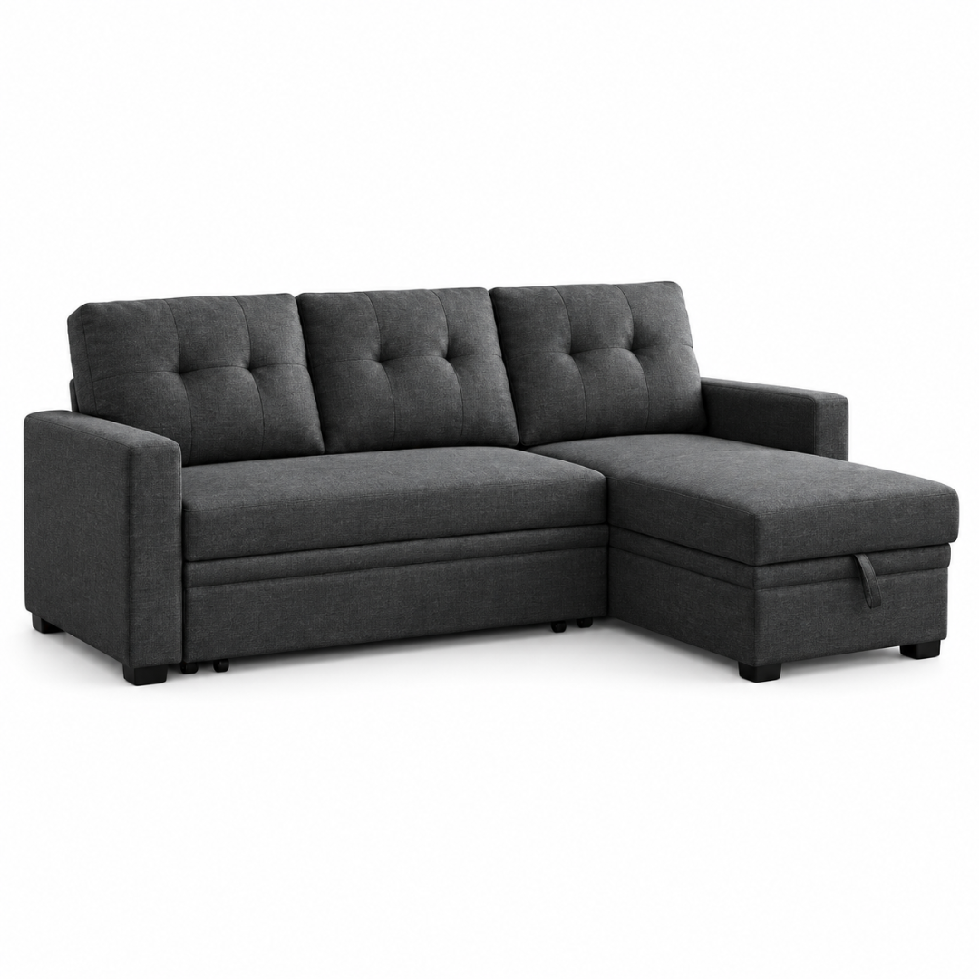Wooden Twist L-Shape Sleeper Sofa Cum Bed with Storage Chaise Dark Gray – Angle View