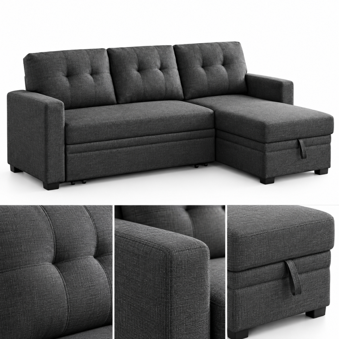 Wooden Twist L-Shape Sleeper Sofa Cum Bed with Storage Chaise Dark Gray – Front View with Detail Close-Ups