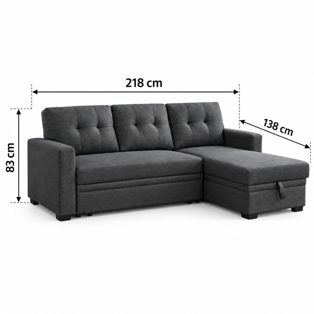 Wooden Twist L-Shape Sleeper Sofa Cum Bed with Storage Chaise Dark Gray – Dimensions 218 x 138 x 83 cm