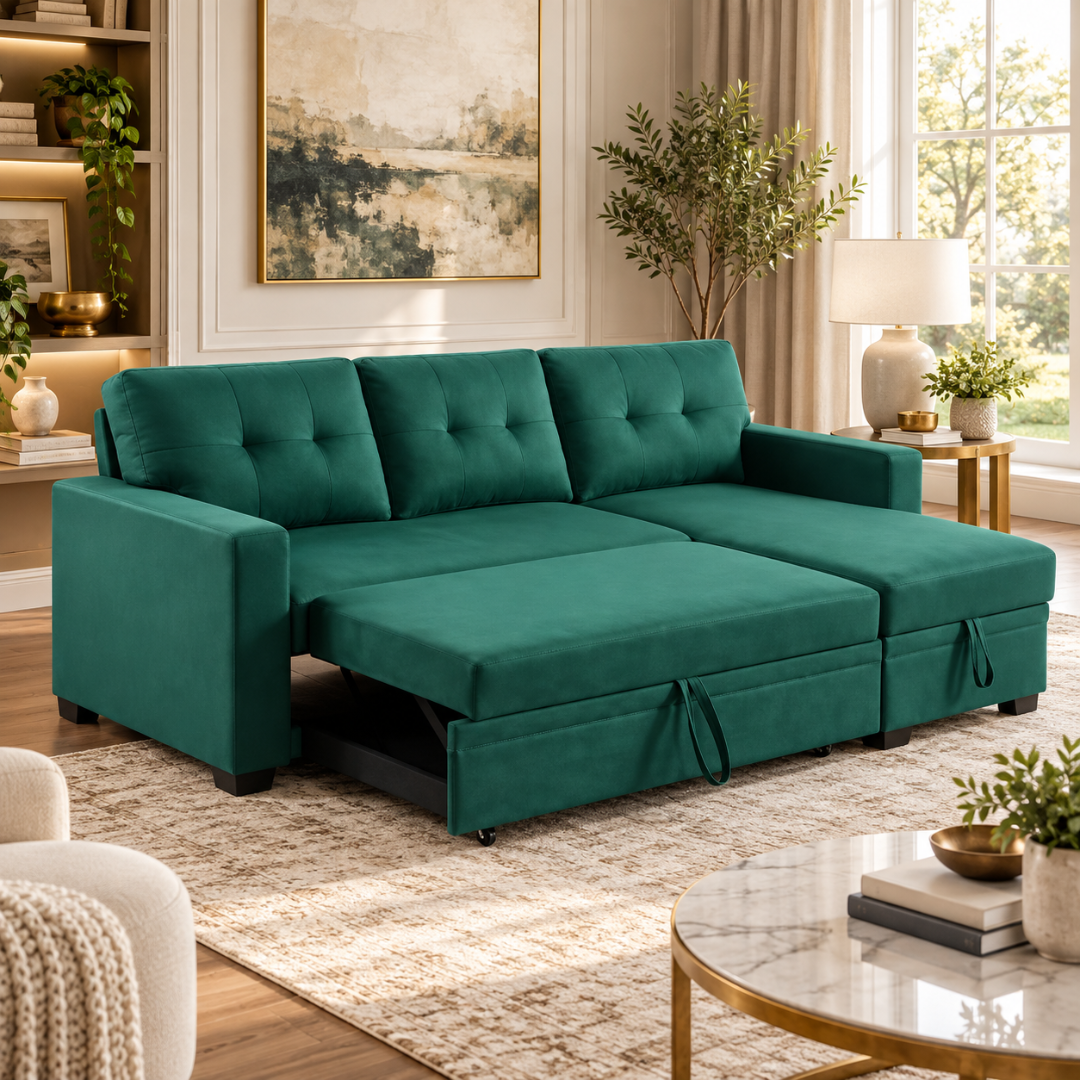 Wooden Twist L-Shape Sleeper Sofa Cum Bed with Storage Chaise Green – Living Room with Sleeper Pulled Out