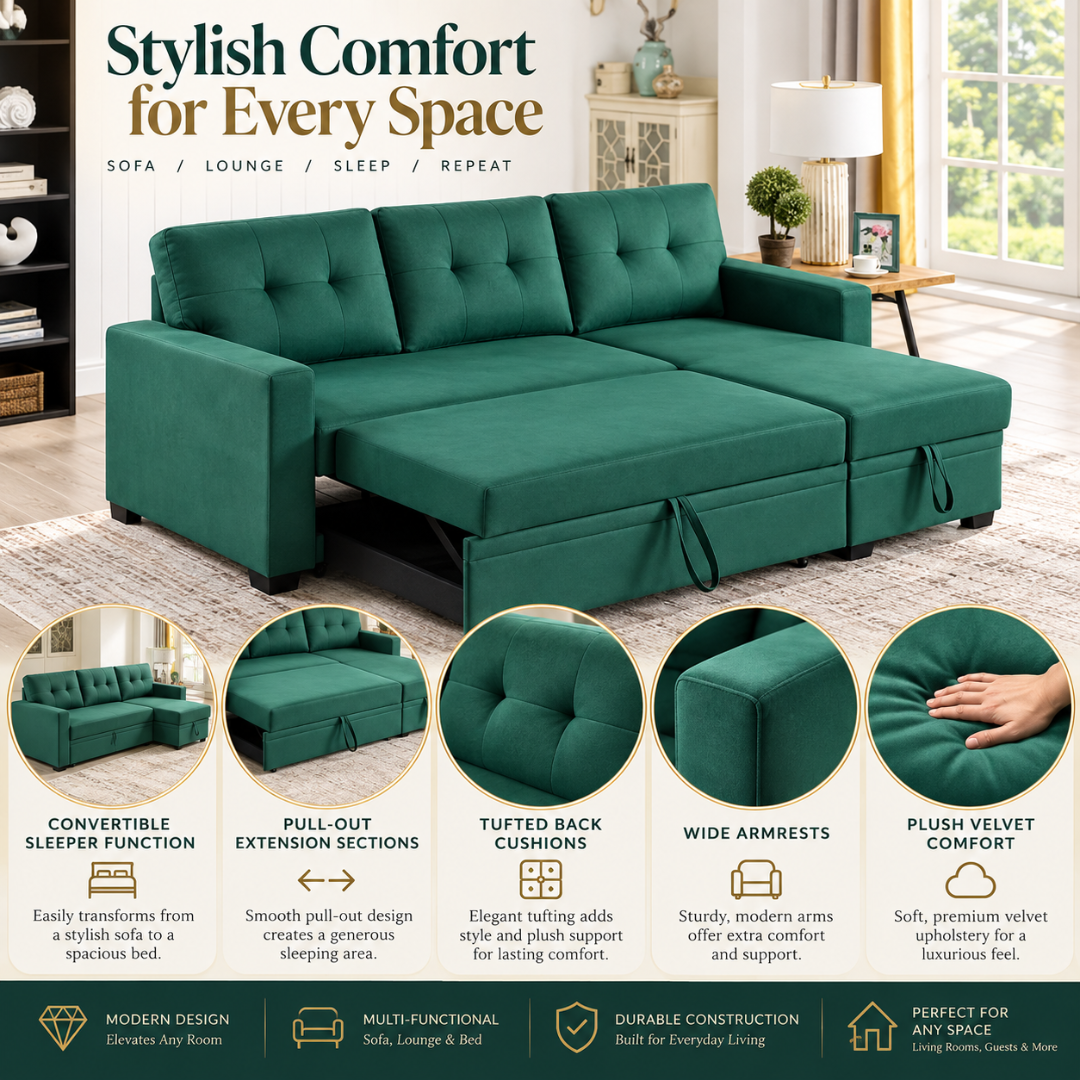 Wooden Twist L-Shape Sleeper Sofa Cum Bed with Storage Chaise Green – Stylish Comfort Features Infographic