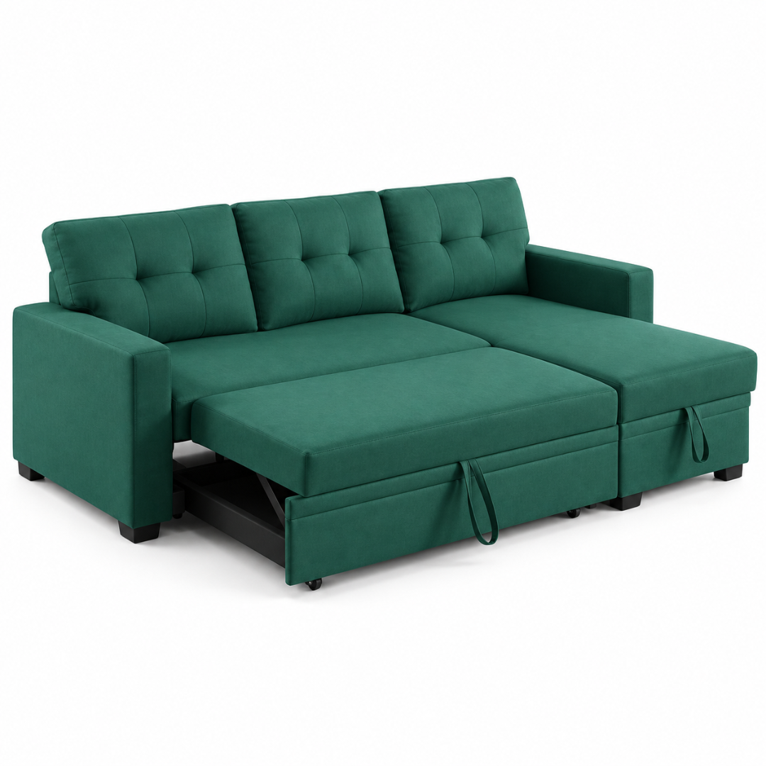 Wooden Twist L-Shape Sleeper Sofa Cum Bed with Storage Chaise Green – Angle View with Sleeper Pulled Out