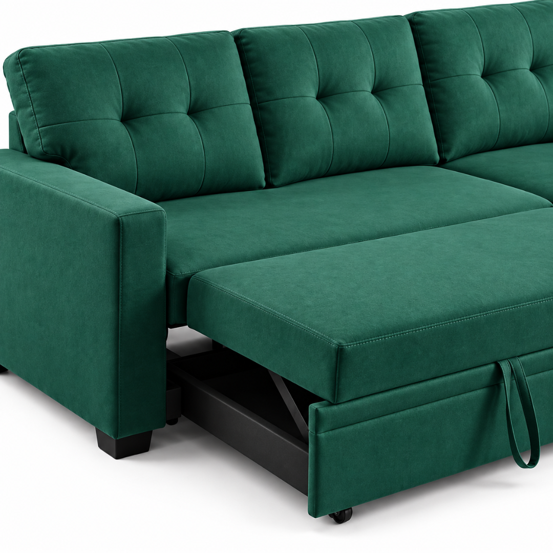 Wooden Twist L-Shape Sleeper Sofa Cum Bed with Storage Chaise Green – Pull-Out Sleeper Close-Up