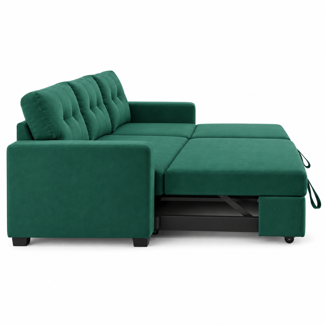Wooden Twist L-Shape Sleeper Sofa Cum Bed with Storage Chaise Green – Side View with Sleeper Pulled Out