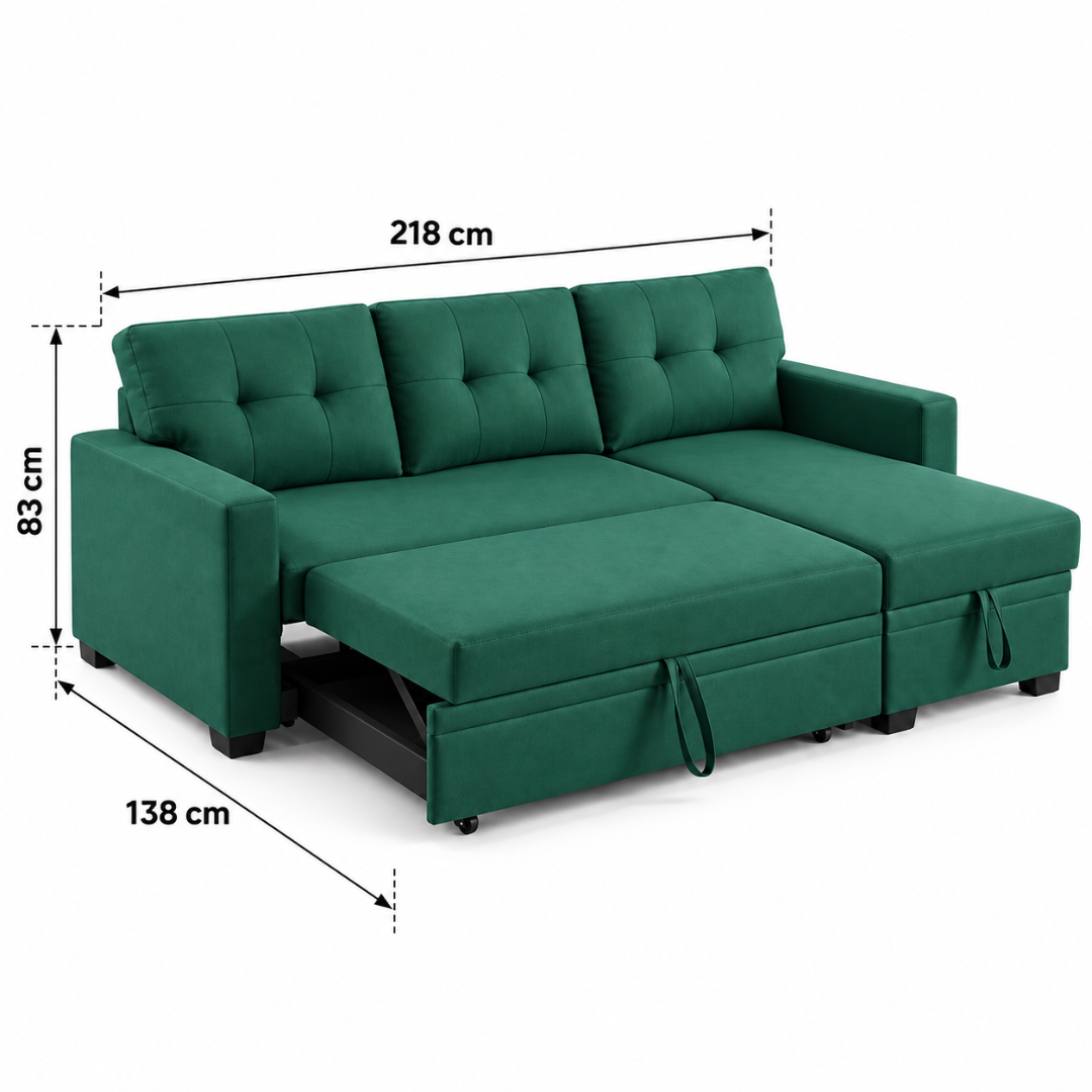 Wooden Twist L-Shape Sleeper Sofa Cum Bed with Storage Chaise Green – Dimensions 218 x 138 x 83 cm