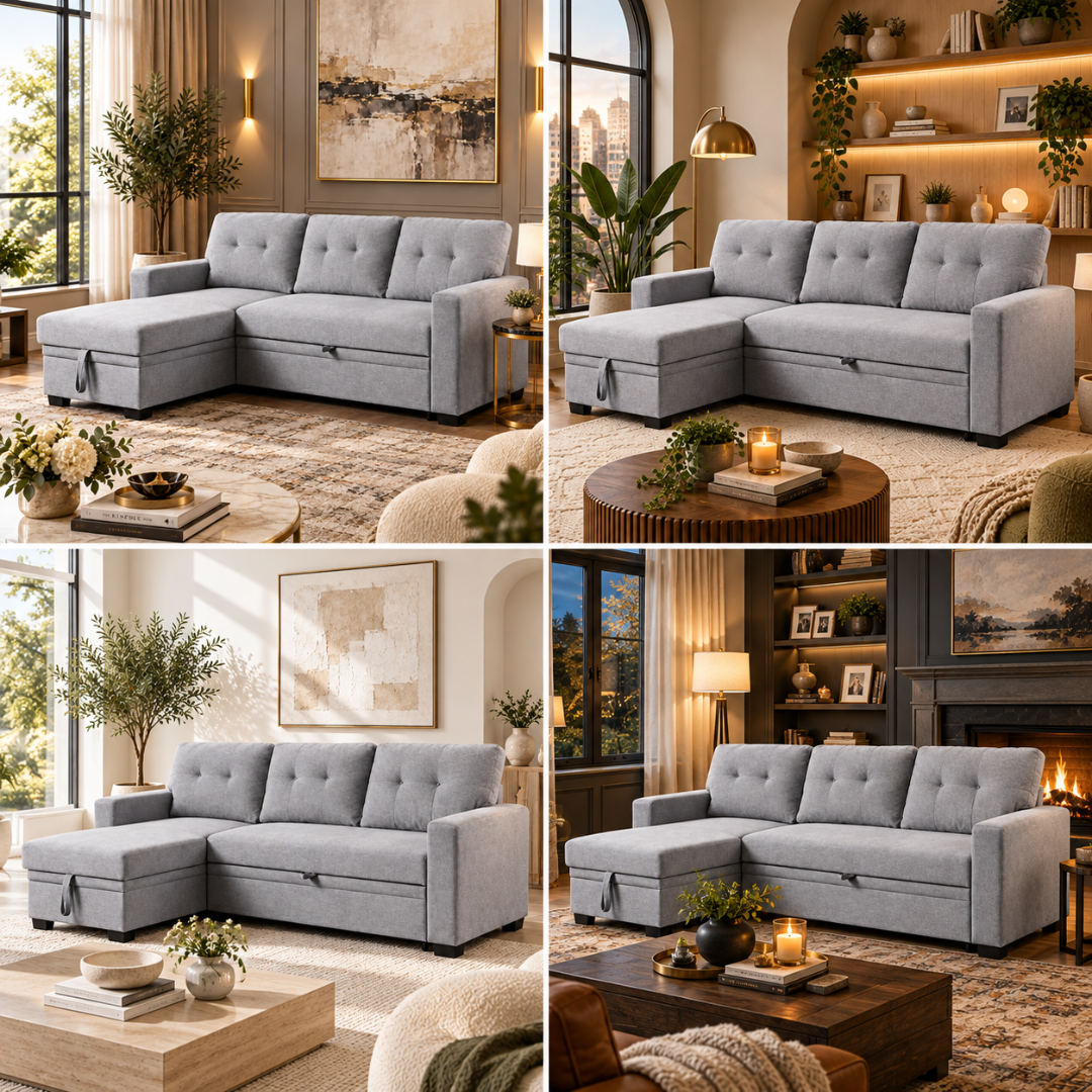 Wooden Twist L-Shape Sleeper Sofa Cum Bed with Storage Chaise Light Gray – Room Setting Collage