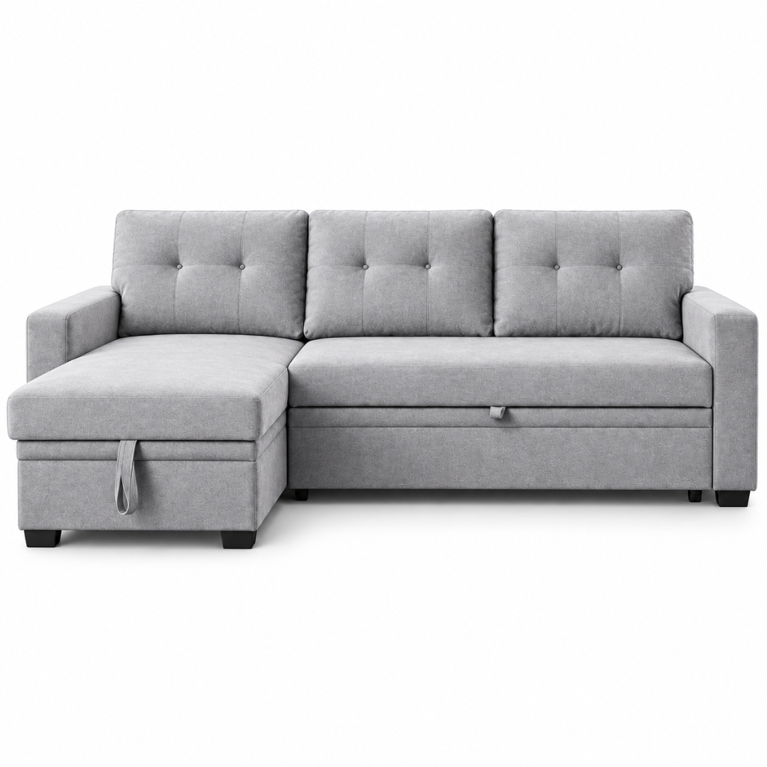 Wooden Twist L-Shape Sleeper Sofa Cum Bed with Storage Chaise Light Gray – Front View