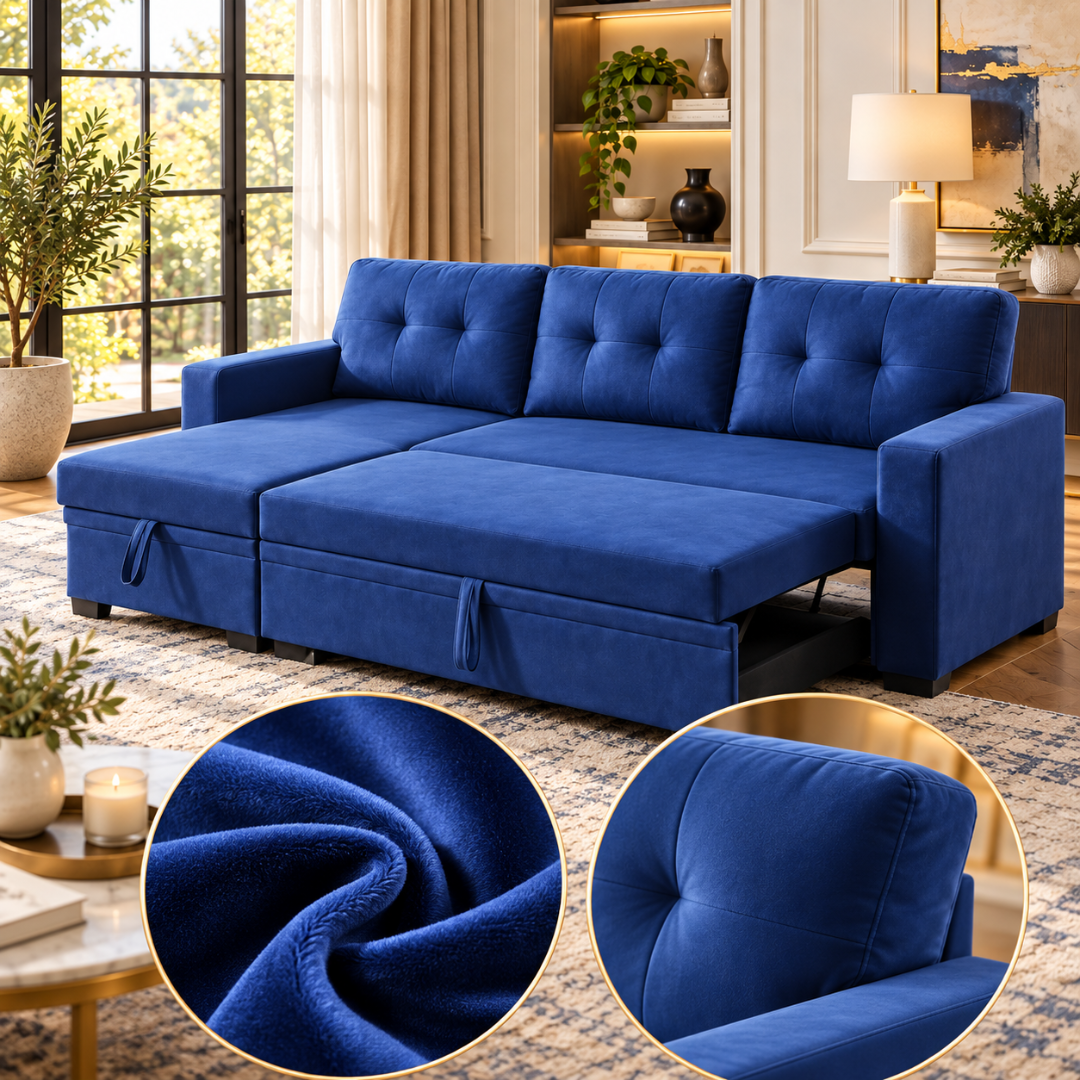 Wooden Twist L-Shape Sleeper Sofa Cum Bed with Storage Chaise Blue – Living Room with Velvet Close-Ups