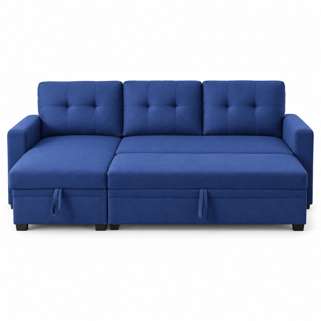Wooden Twist L-Shape Sleeper Sofa Cum Bed with Storage Chaise Blue – Front View