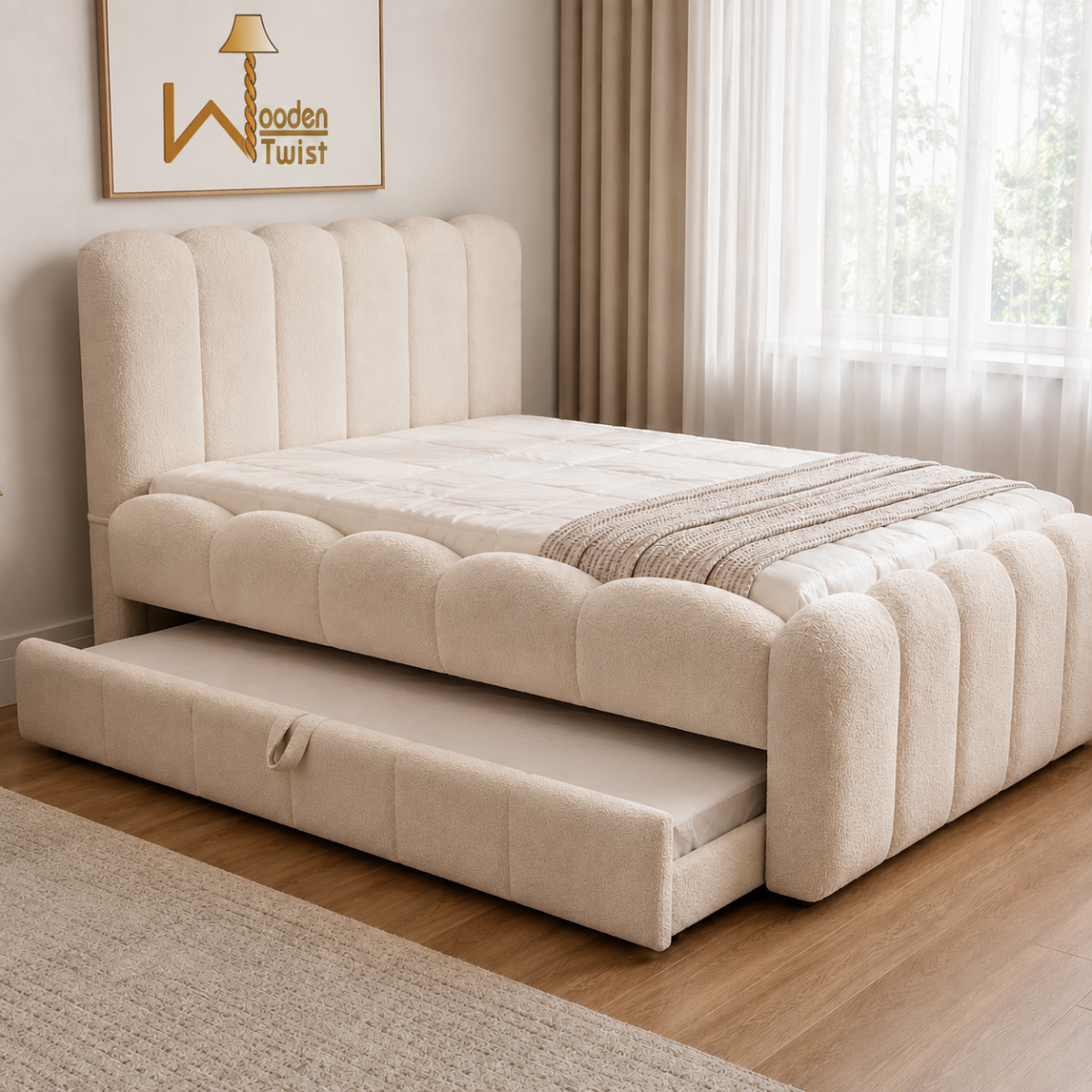 Wooden Twist Boucle Kids Bed with Side Pull-Out Trundle & Scalloped Channel-Tufted Headboard