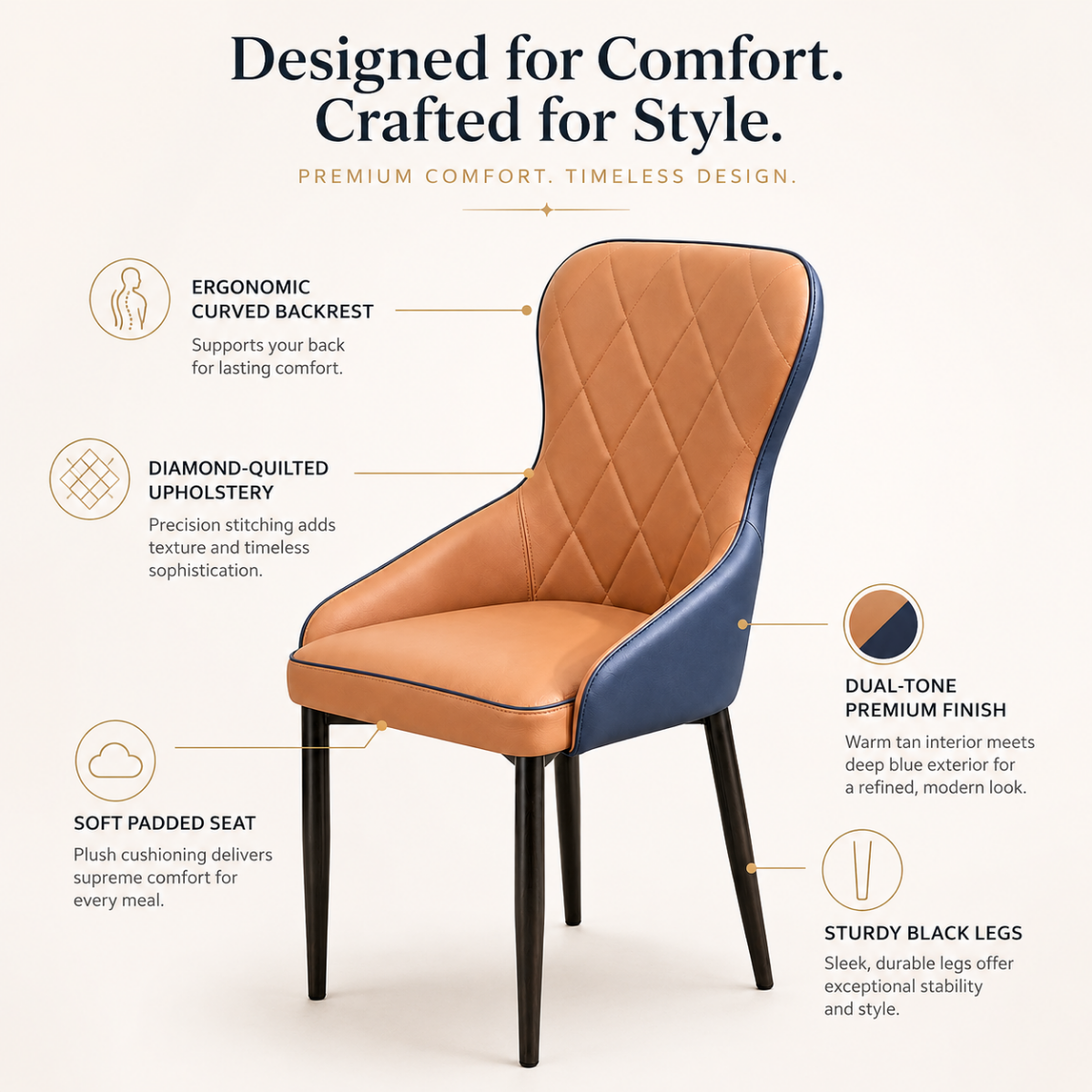 Wooden Twist Dual-Tone Diamond Quilted PU Leather Dining Chair with Ergonomic Curved Backrest