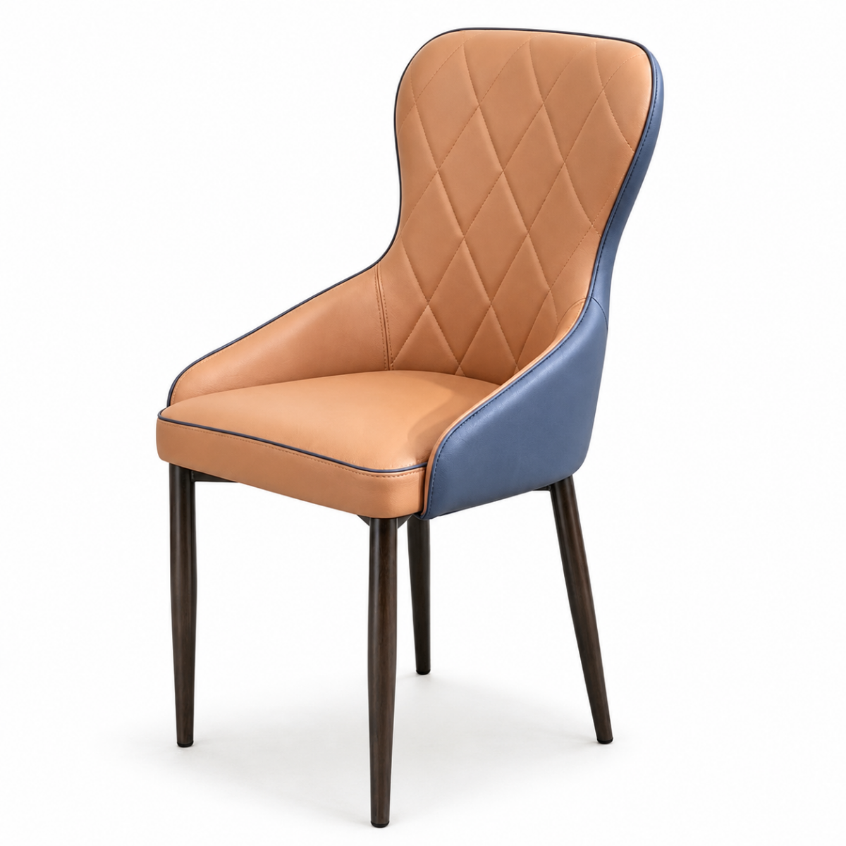 Wooden Twist Dual-Tone Diamond Quilted PU Leather Dining Chair with Ergonomic Curved Backrest