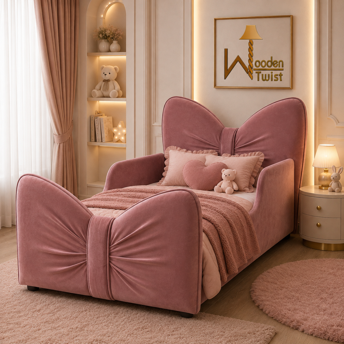 Wooden Twist Pink Bow-Shaped Kids Bed - lifestyle bedroom front view