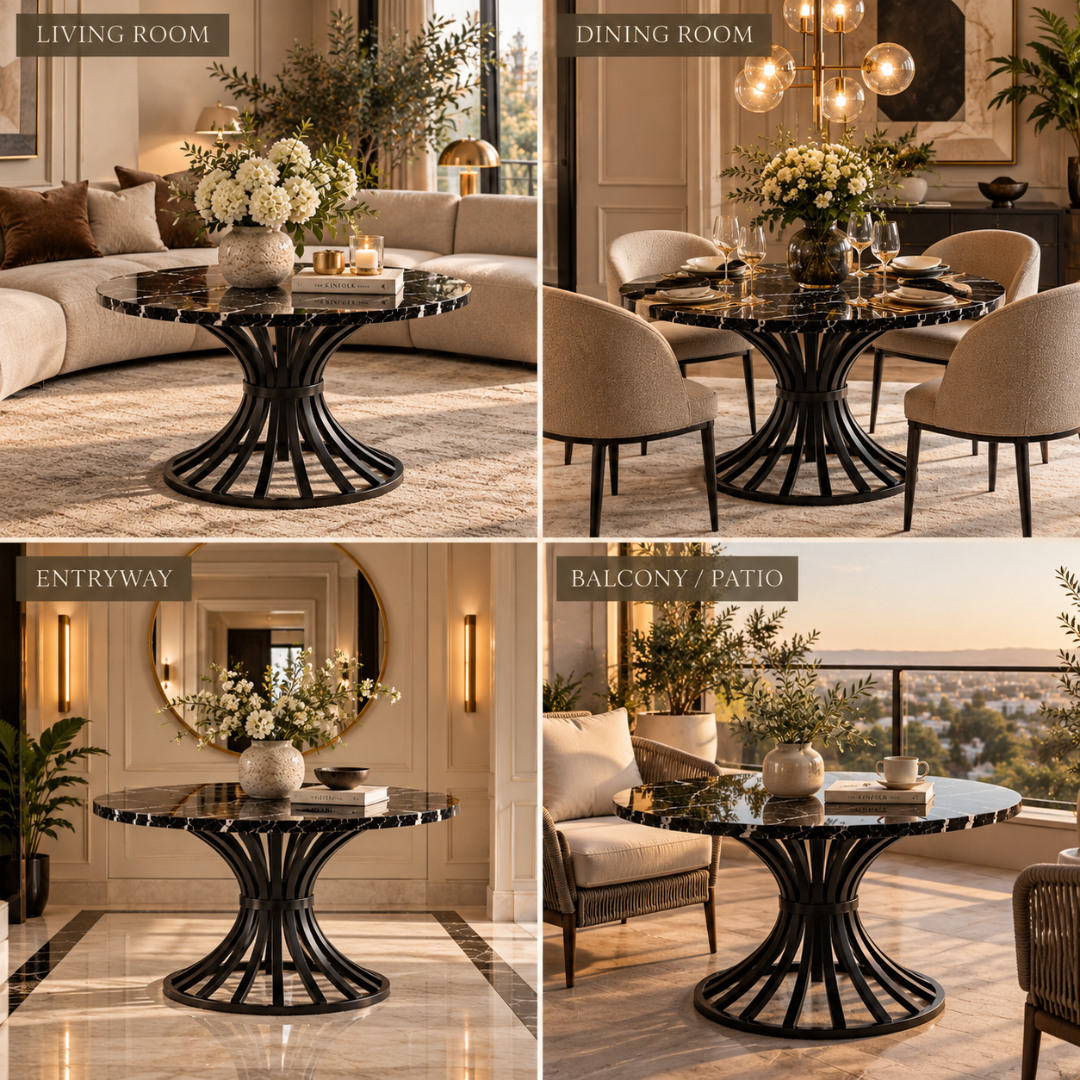 Noir black marble pedestal table styled in a living room, dining room, entryway and balcony
