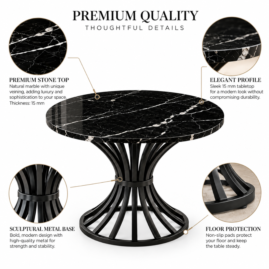 Noir table features: natural black marble top 15 mm thick, elegant profile, sculptural metal base, non-slip floor pads