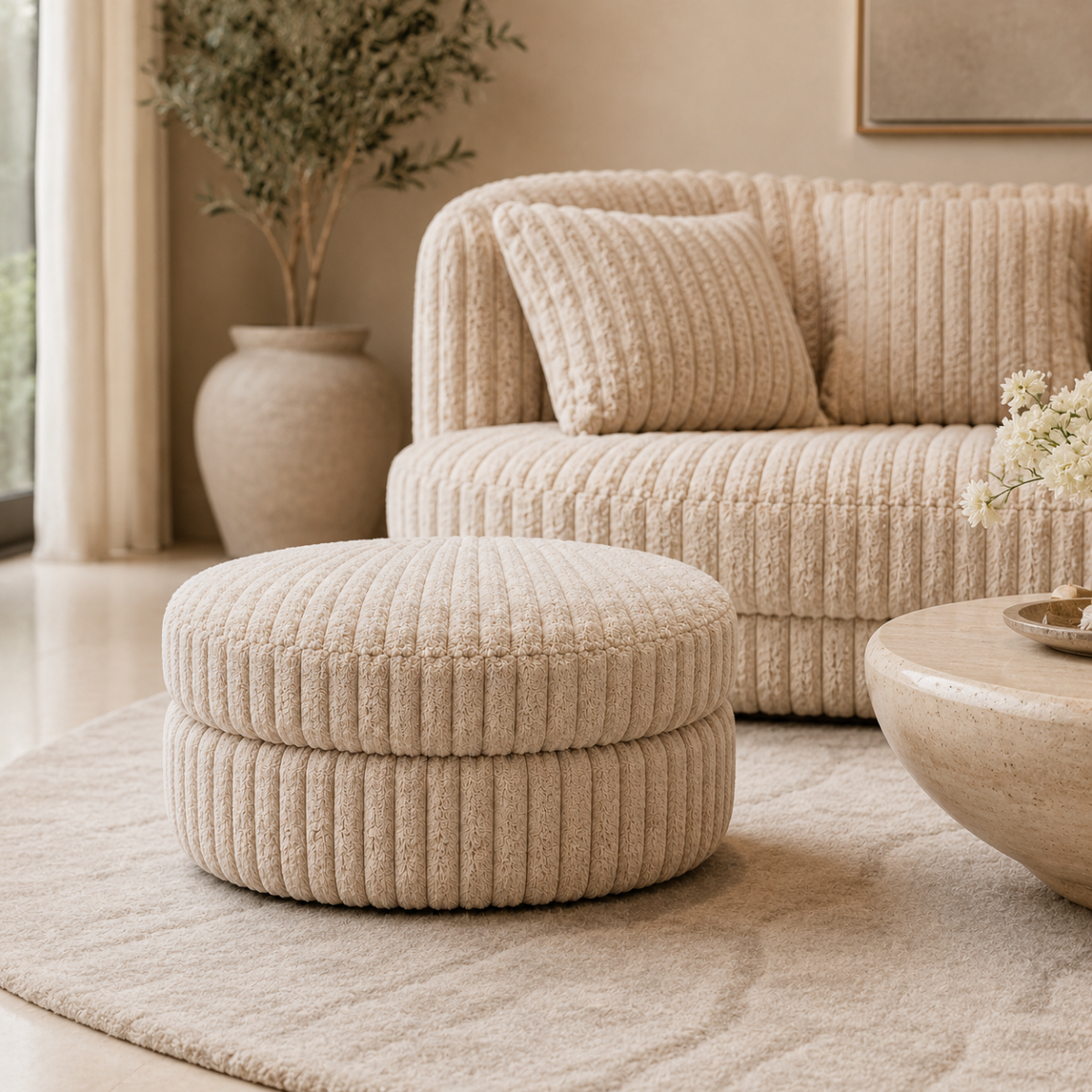 Beige textured sofa and ottoman in a living room setting with decor elements.