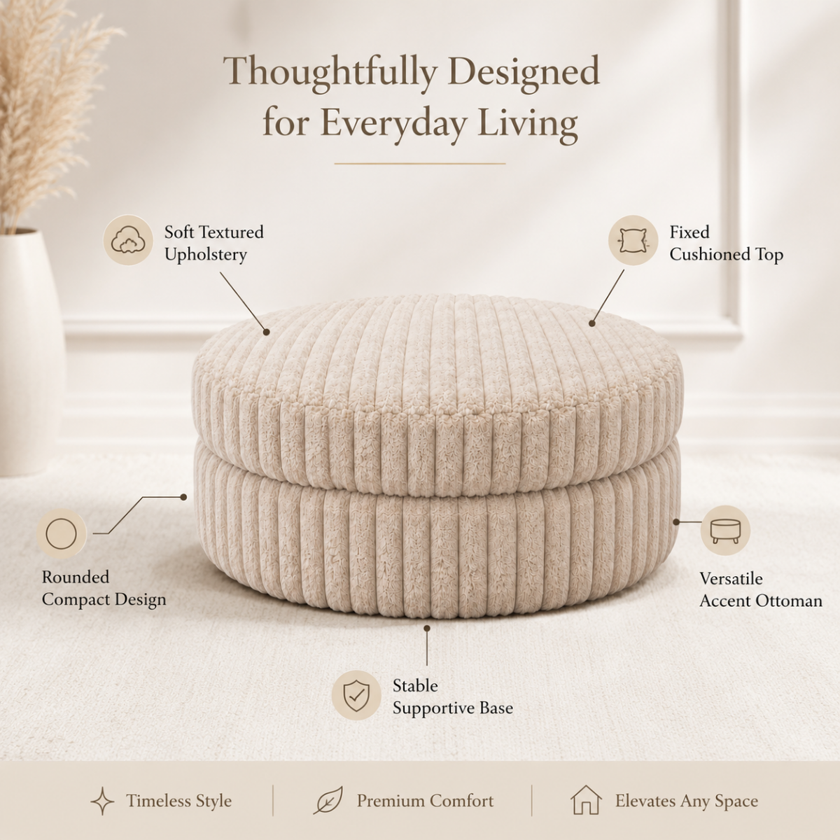 Beige ottoman with text highlighting features on a light background