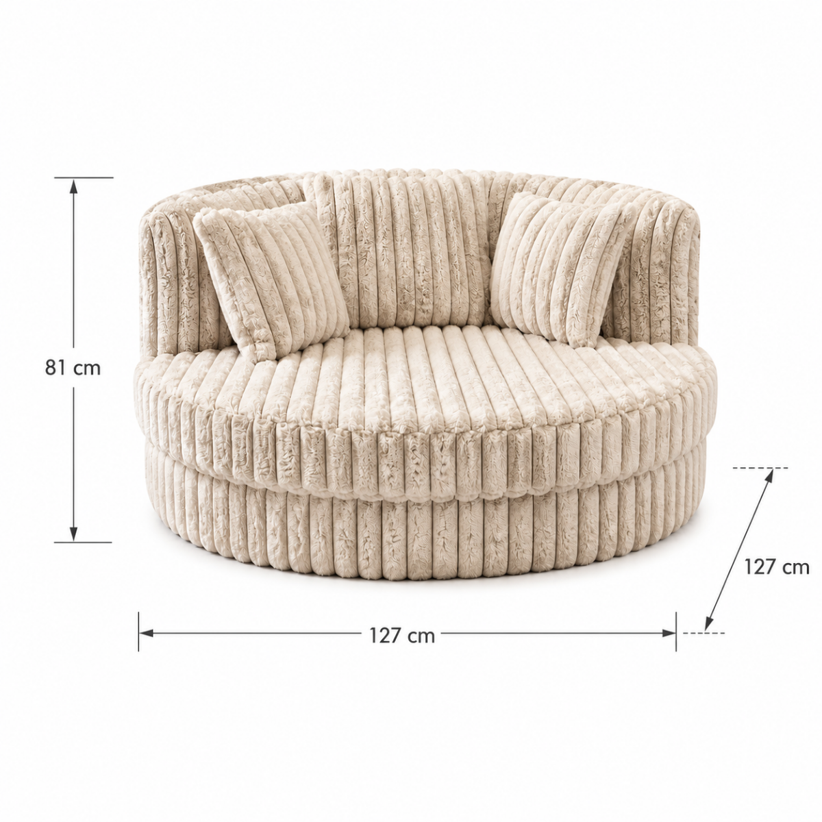 Wooden Twist Cozy Round Loveseat Sofa with Ribbed Corduroy Upholstery & 3 Cushions | Beige | 127 x 81 cm