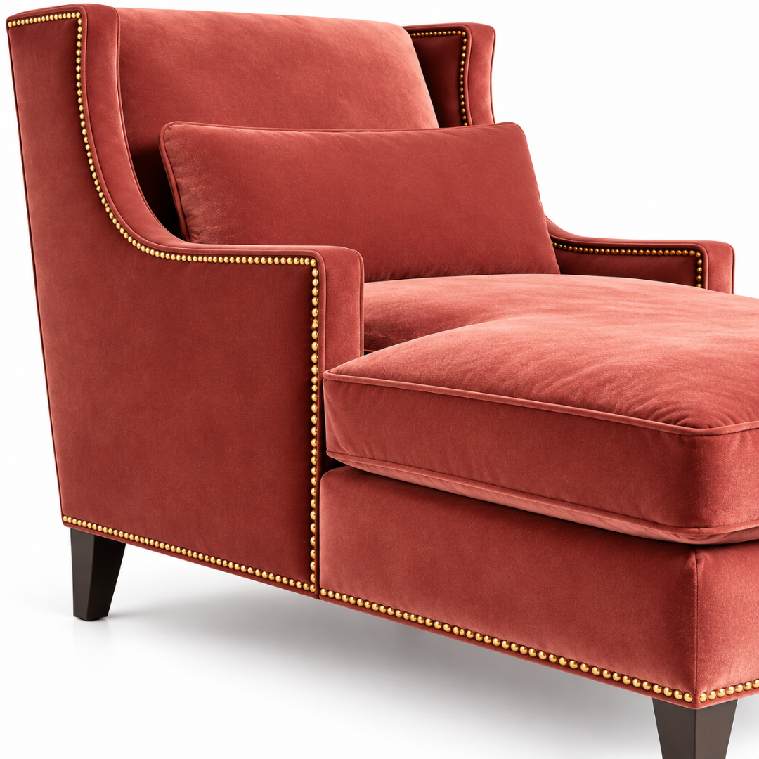 Wooden Twist Majestic Wingback Velvet Chaise Lounge Red – Wingback and Nailhead Trim Close-Up
