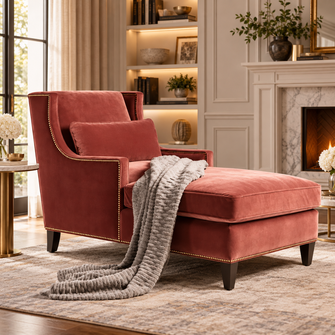 Wooden Twist Majestic Wingback Velvet Chaise Lounge Red – Living Room Setting