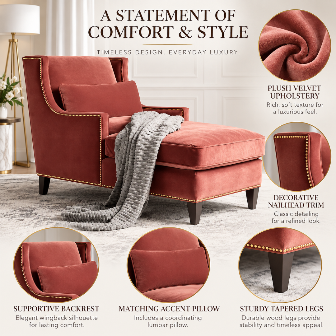 Wooden Twist Majestic Wingback Velvet Chaise Lounge Red – Statement of Comfort and Style Features