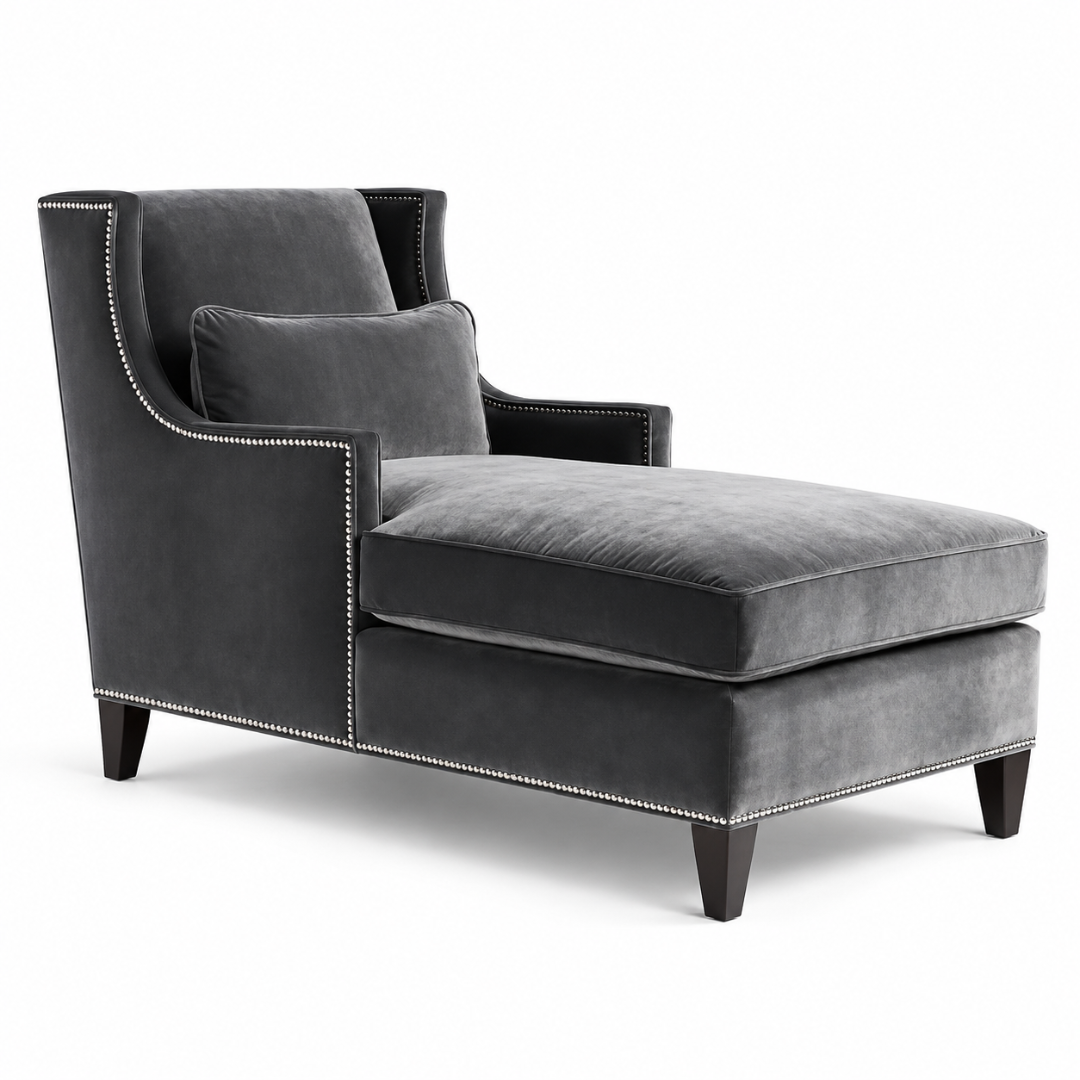 Wooden Twist Majestic Wingback Velvet Chaise Lounge Grey – Angle View
