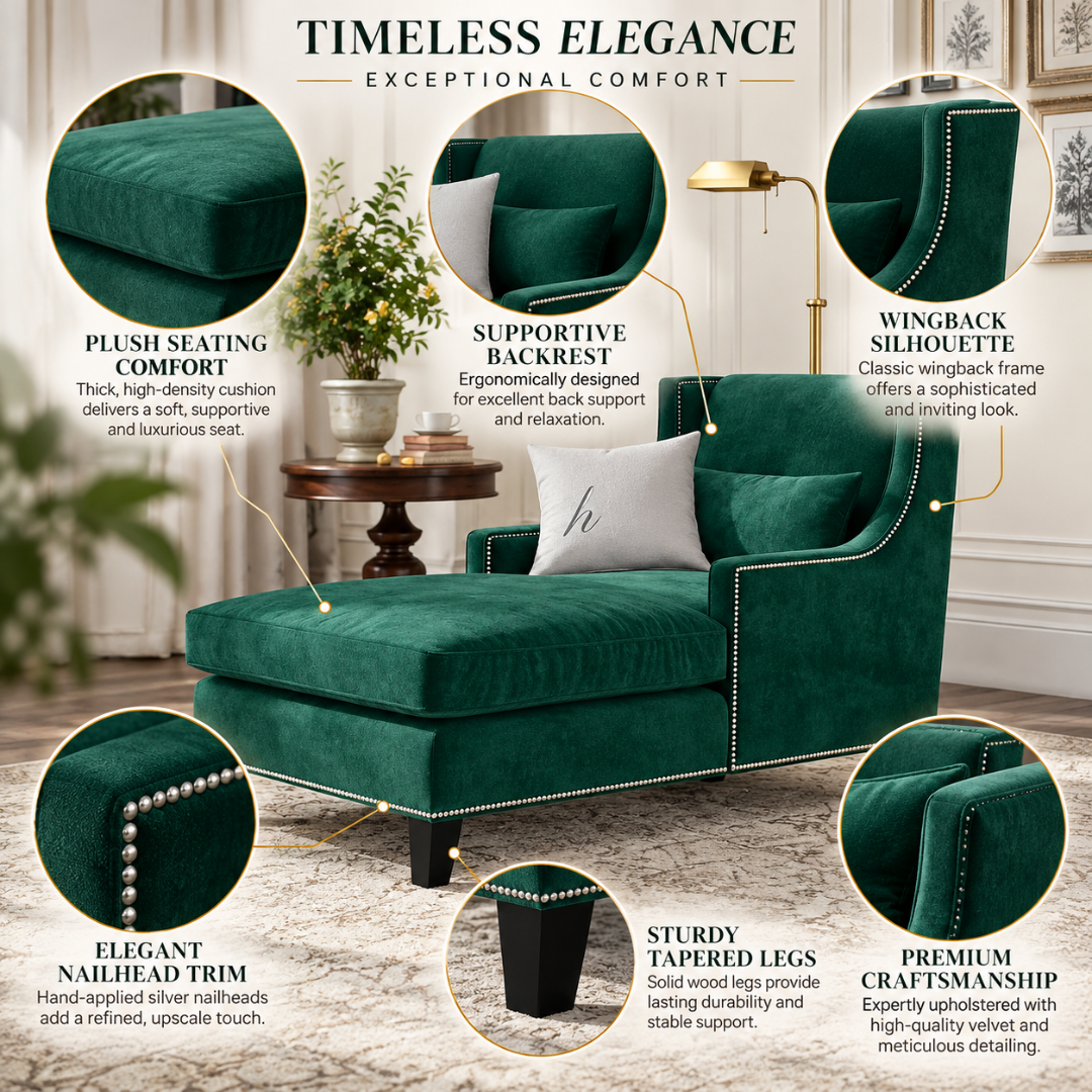 Wooden Twist Majestic Wingback Velvet Chaise Lounge Green – Timeless Elegance Features Infographic