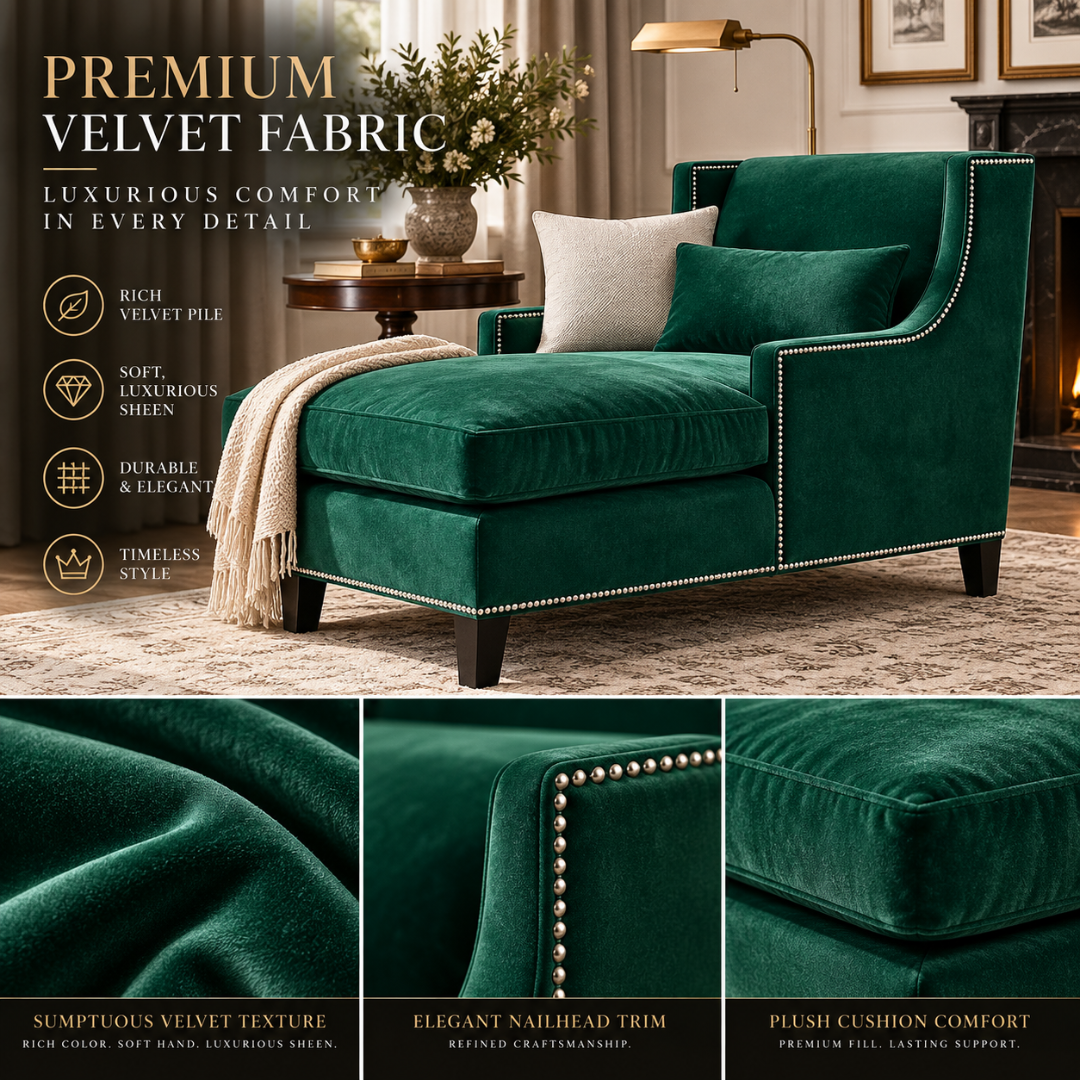Wooden Twist Majestic Wingback Velvet Chaise Lounge Green – Premium Velvet Fabric and Nailhead Details